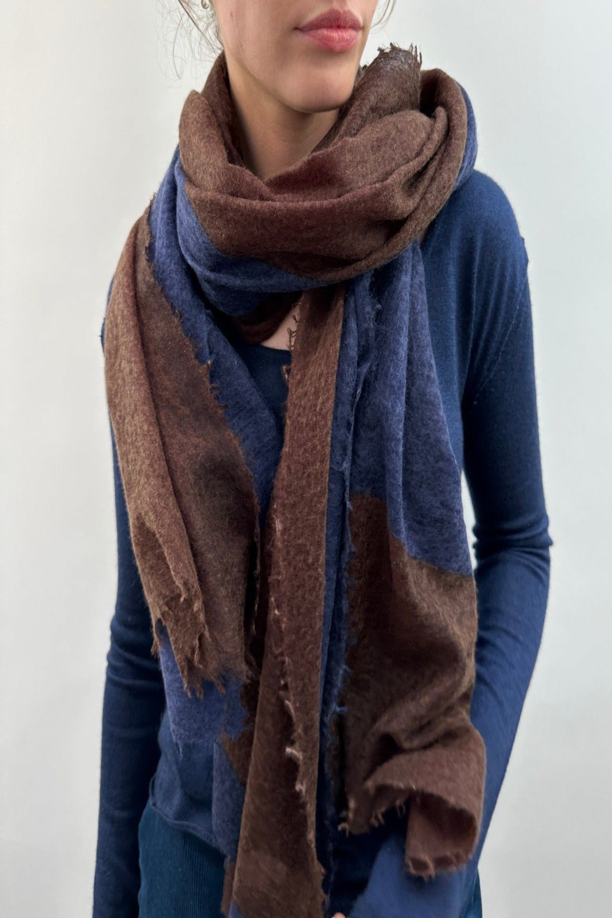 crop view of shapes scarf navy blue brown  geometric print