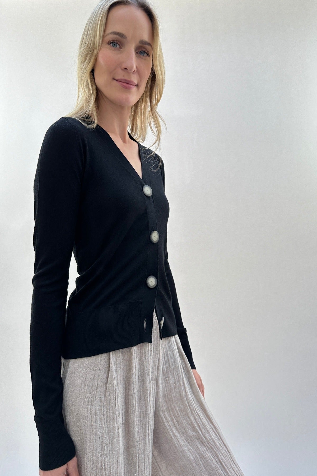 maeser v neck black cardigan side view