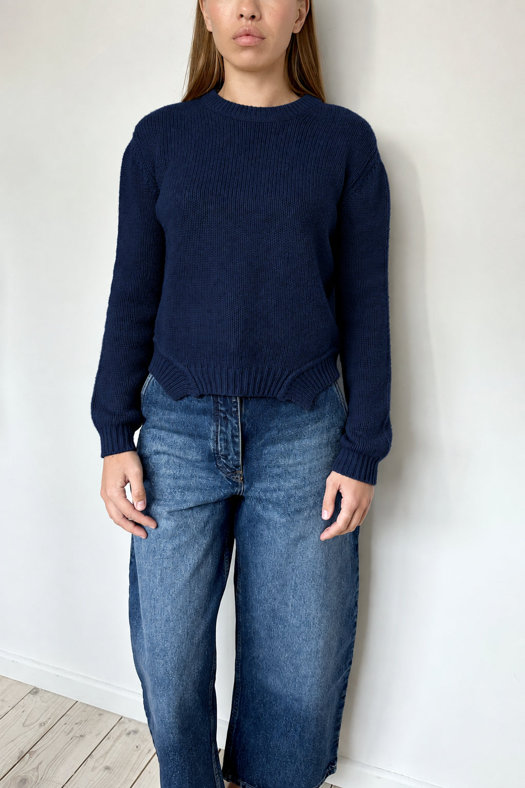 navy sweater on model
