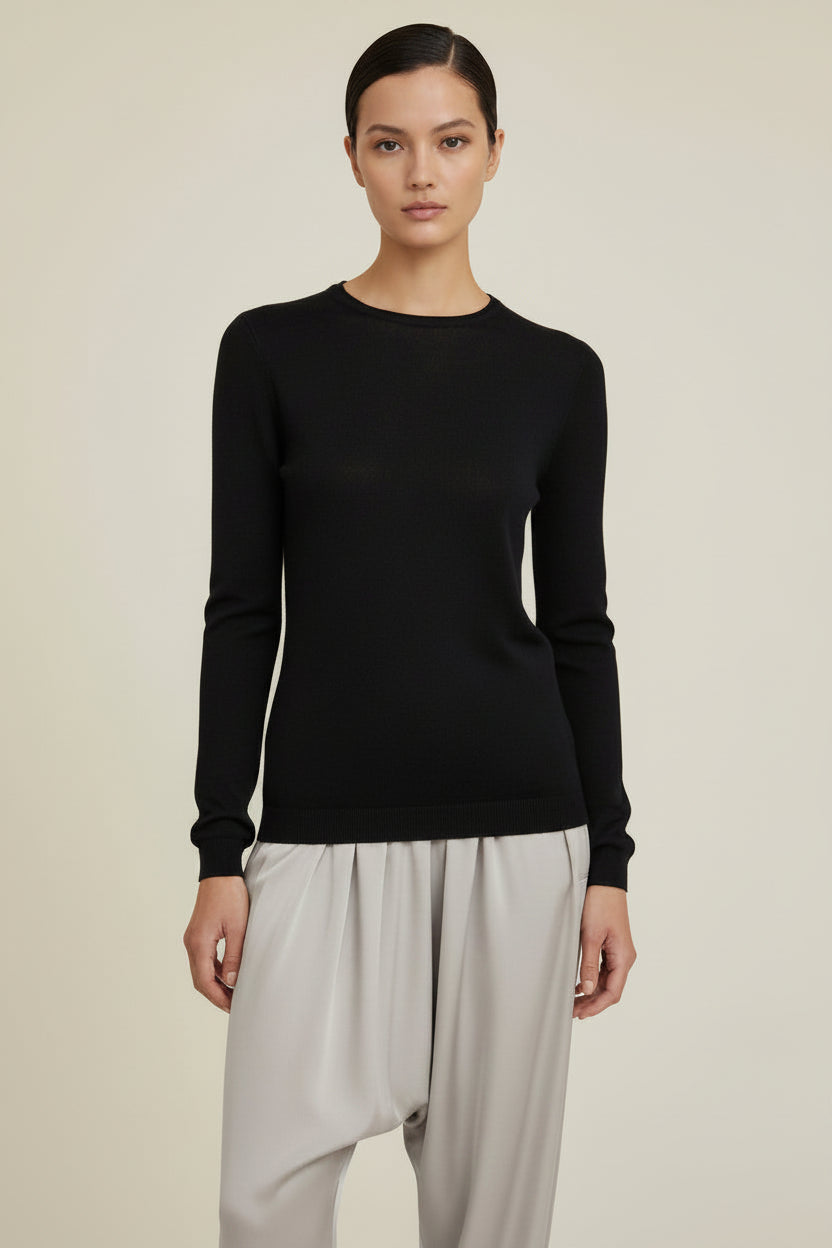 model wearing a black sweater against a plain wall