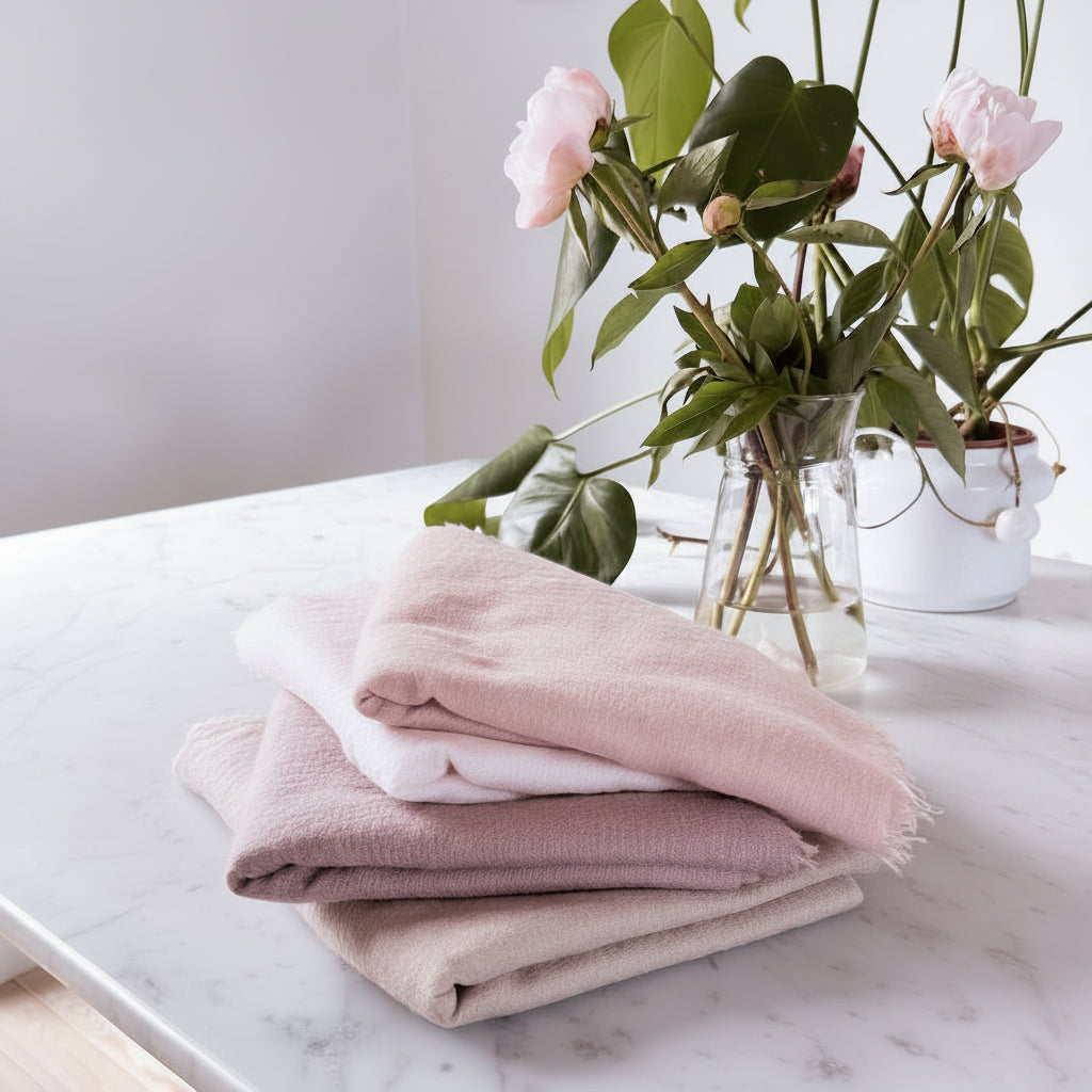 Stack of folded cashmere scarves on a marble surface with a vase of flowers in the background