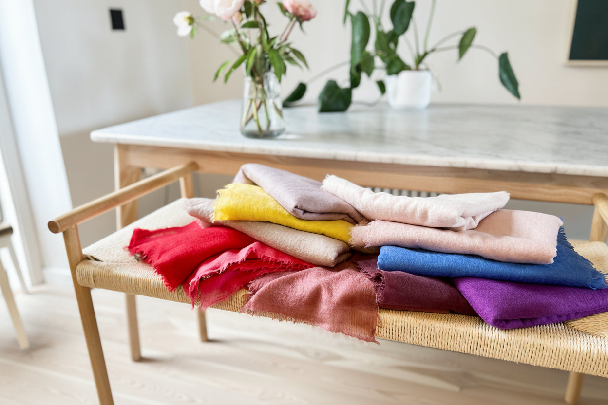 Colorful scarves on a wooden bench with a table and flowers in the background