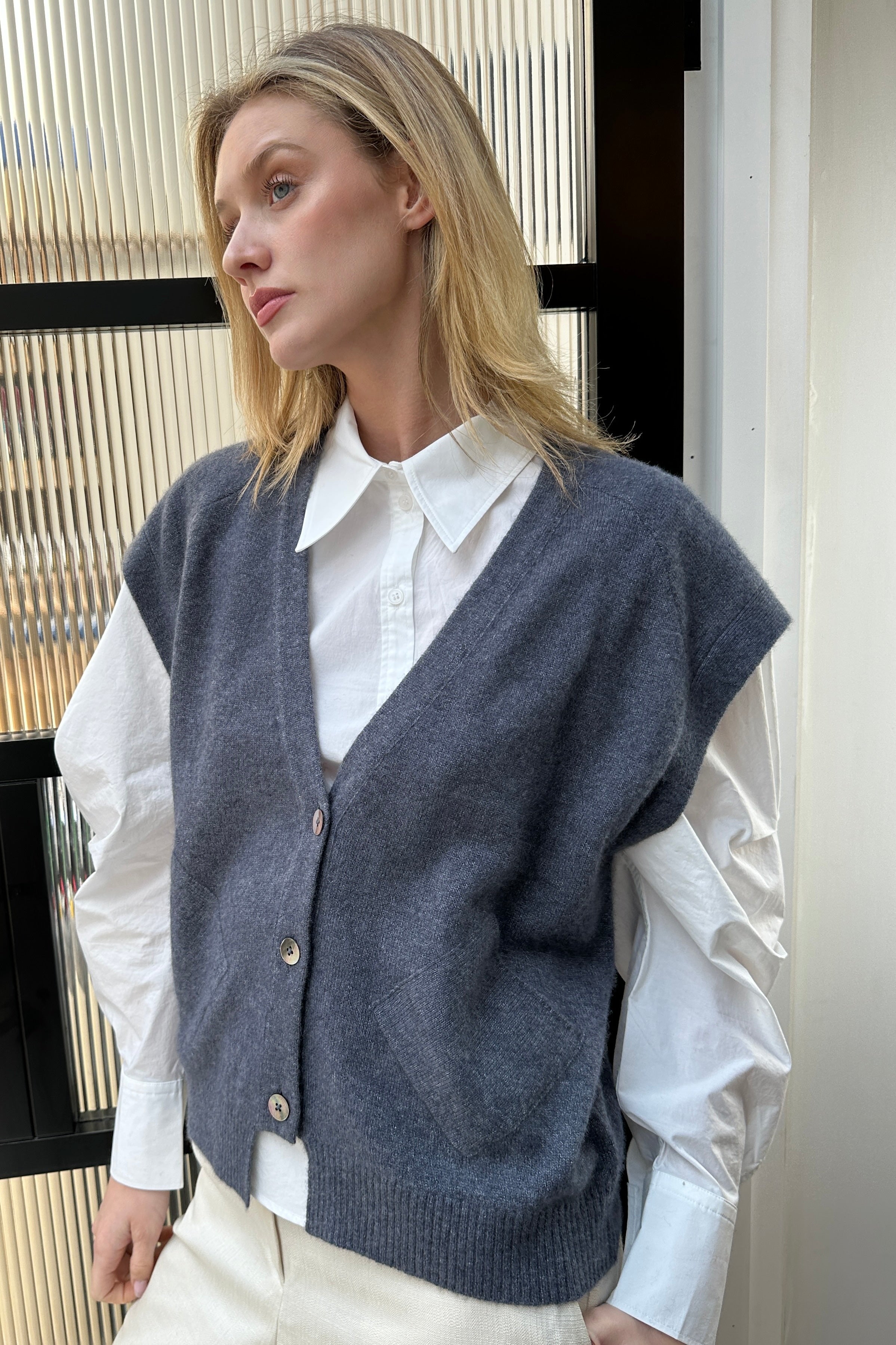 daisy blue sleeveless waistcoat cardi cashmere silk side view