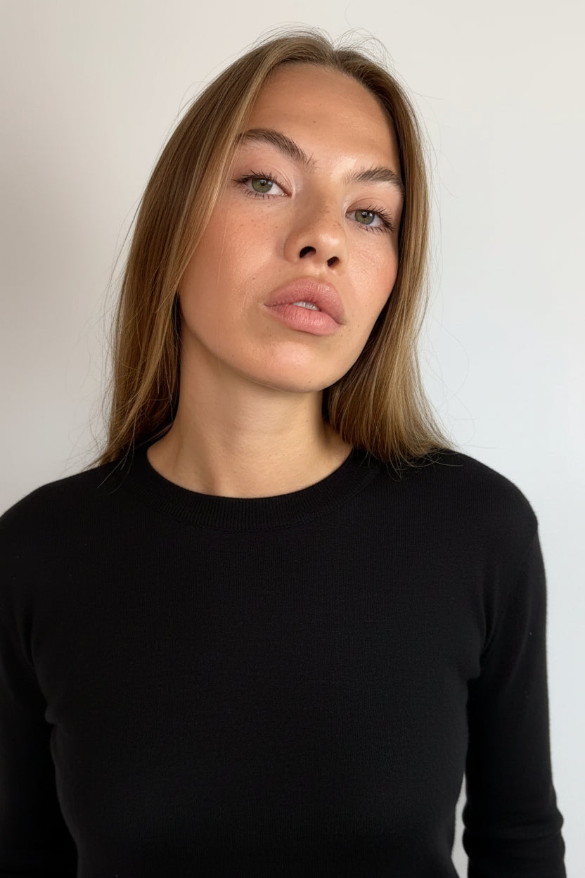 A woman with long light brown hair wearing a black crewneck knit sweater, shown from the chest up against a plain off-white background.