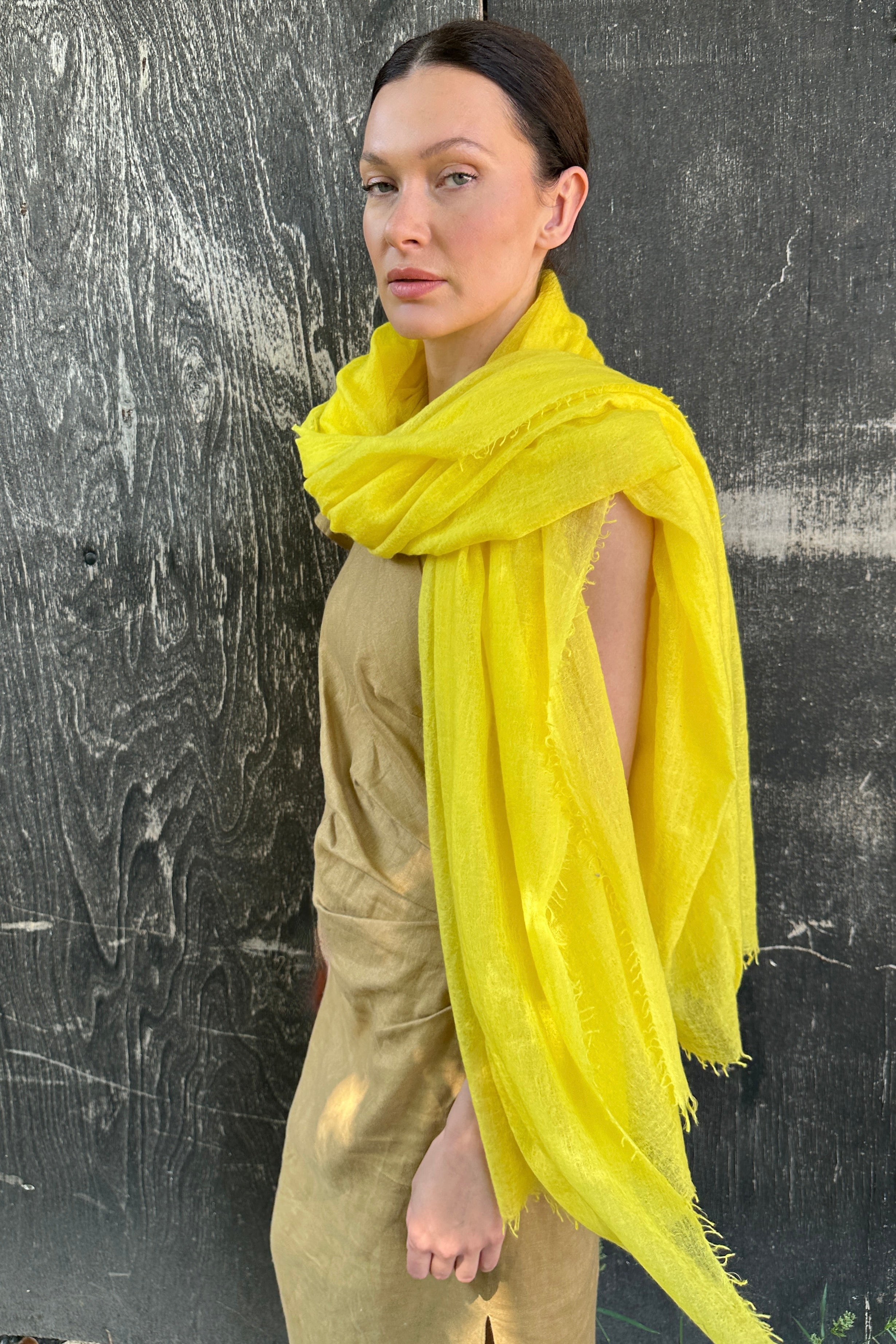 marmee aurora yellow combed cashmere scarf side view