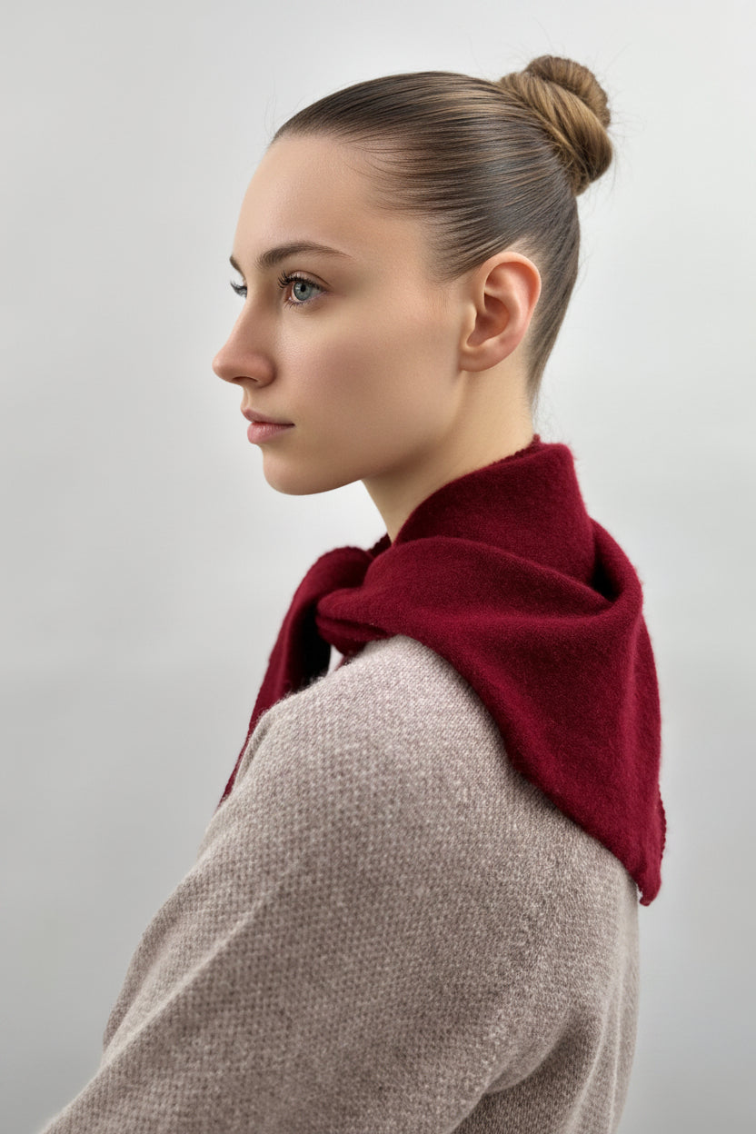 Woman wearing a maroon scarf on a plain background