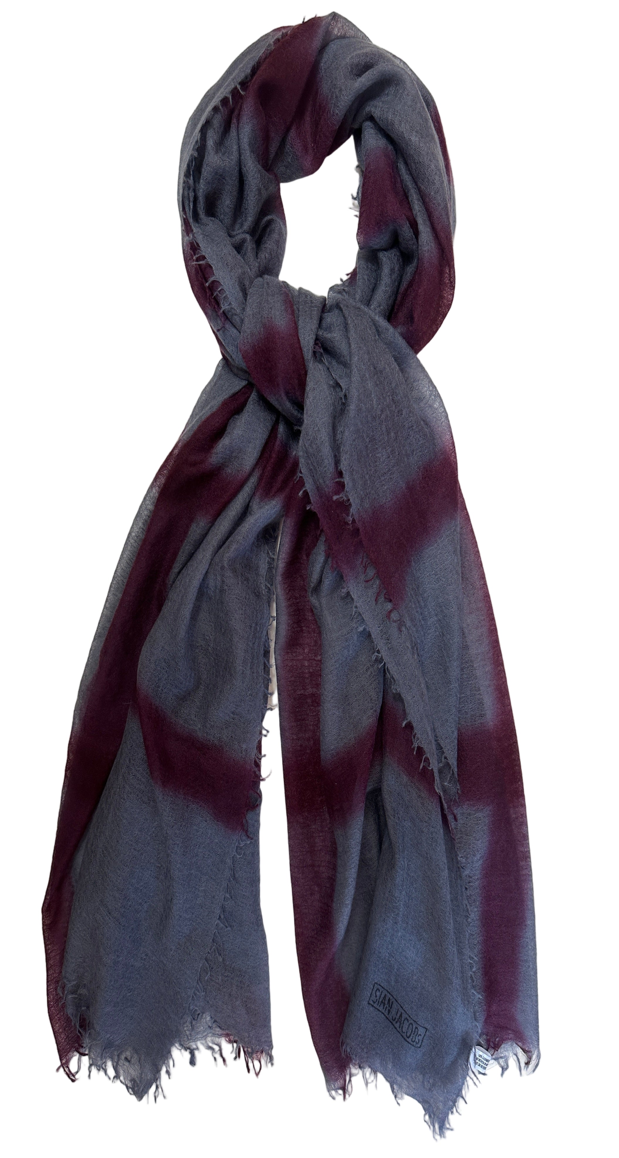 Plaid scarf with purple and gray pattern on a white background