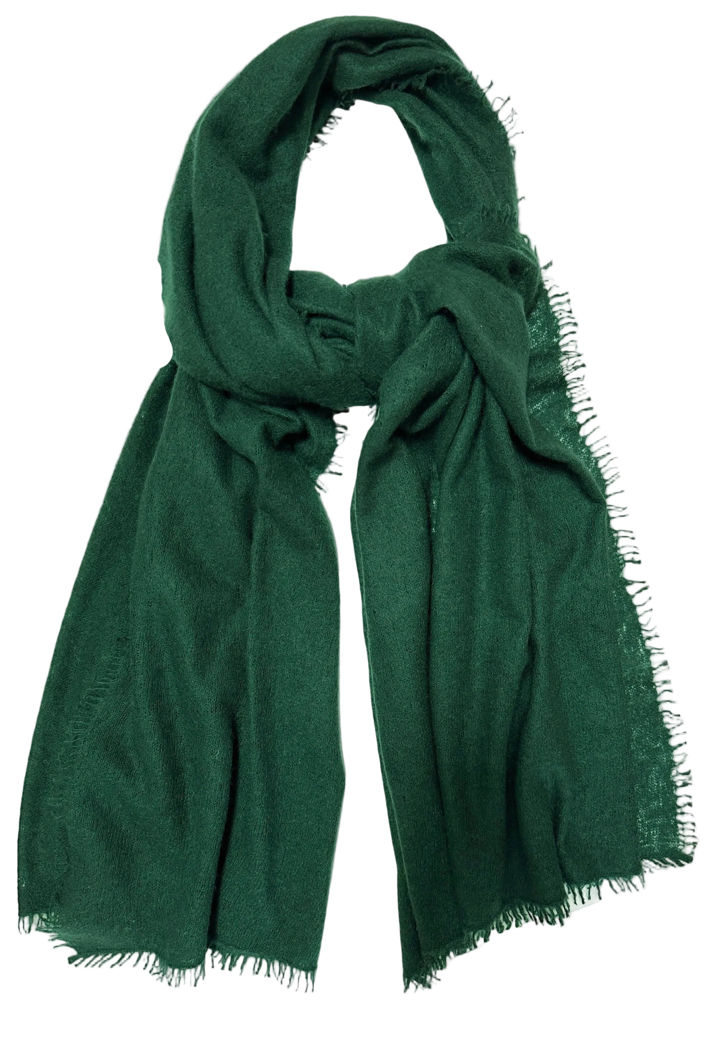 Green scarf with frayed edges on a white background