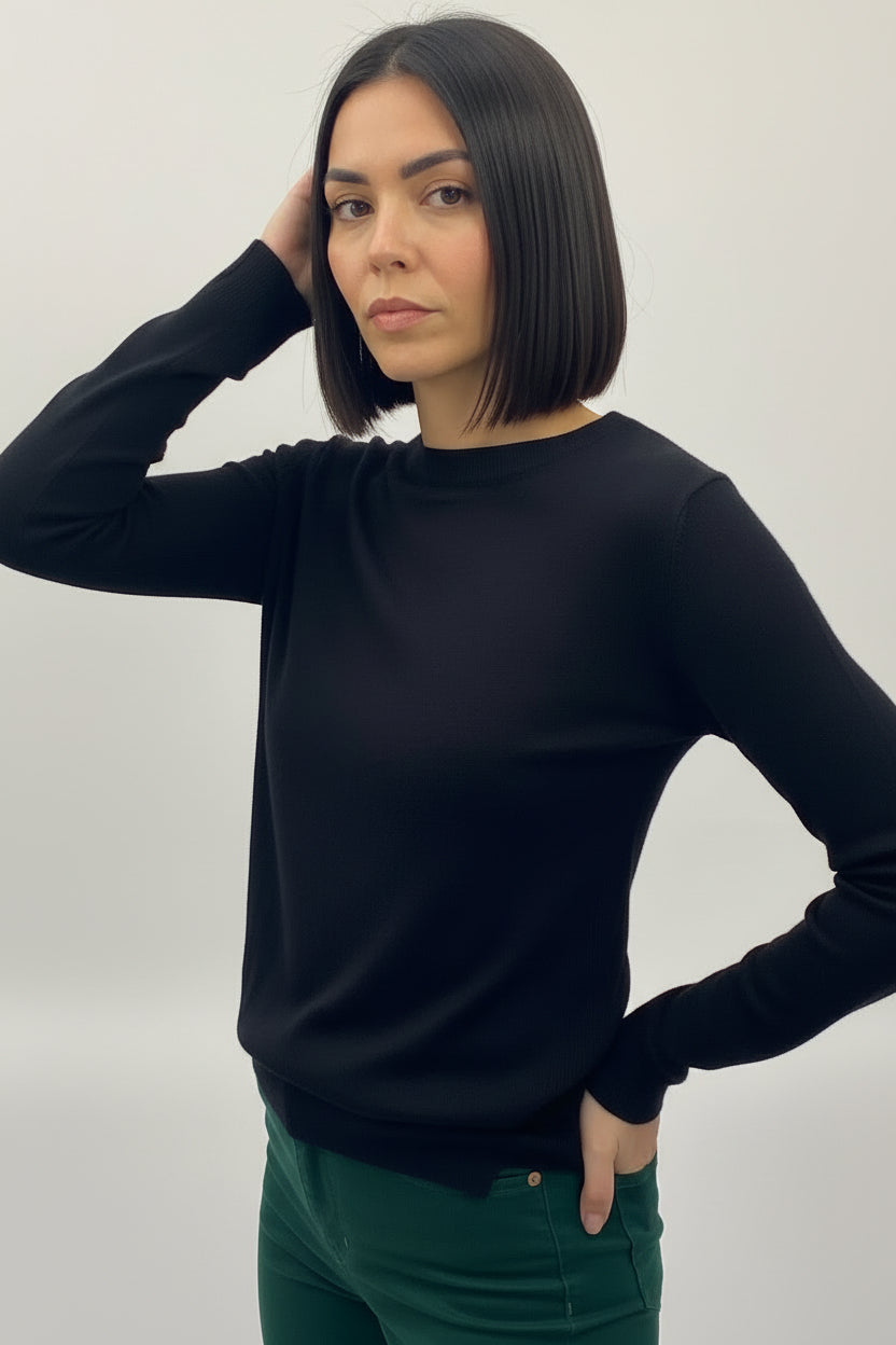 dolly skinny knit black crew neck top sweater side view