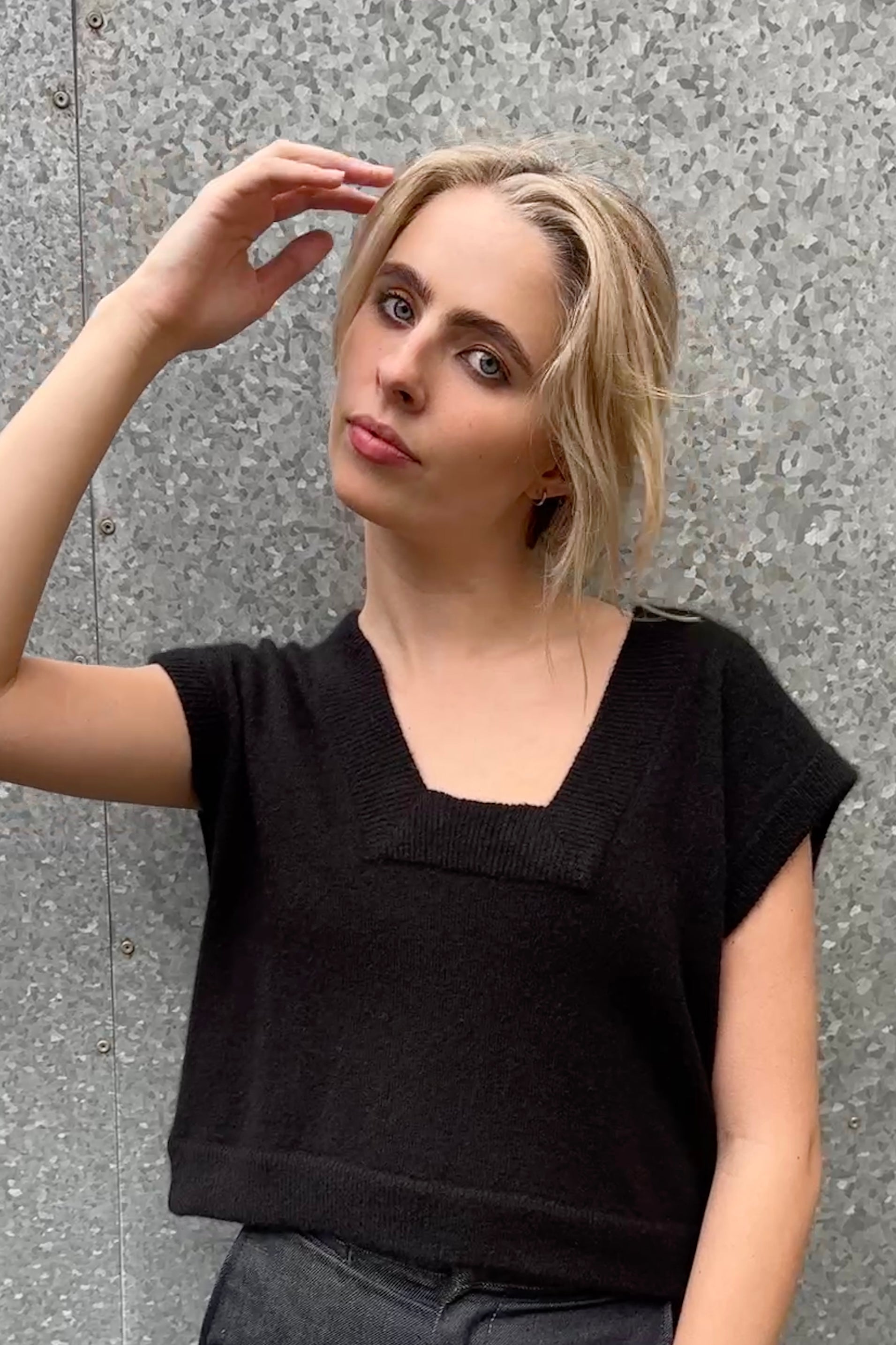 Woman wearing square neck cashmere silk inka tank top in black