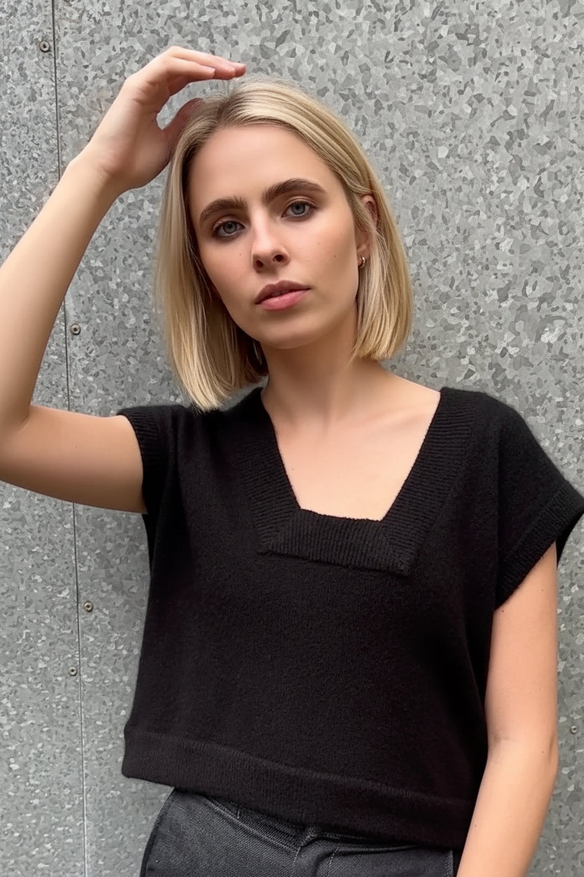 Woman wearing square neck cashmere silk inka tank top in black