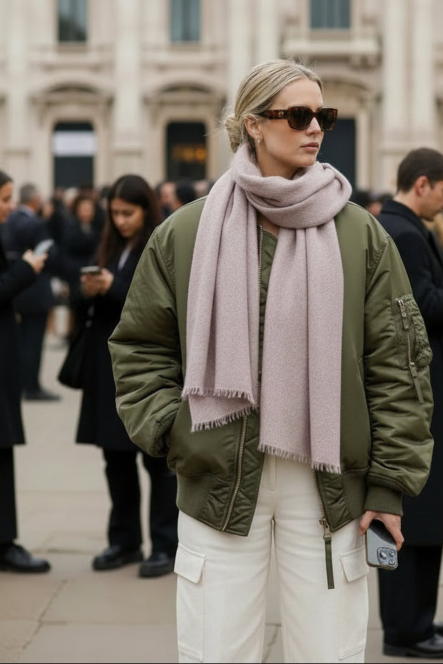 Woman wearing a light pink scarf against a gray wall