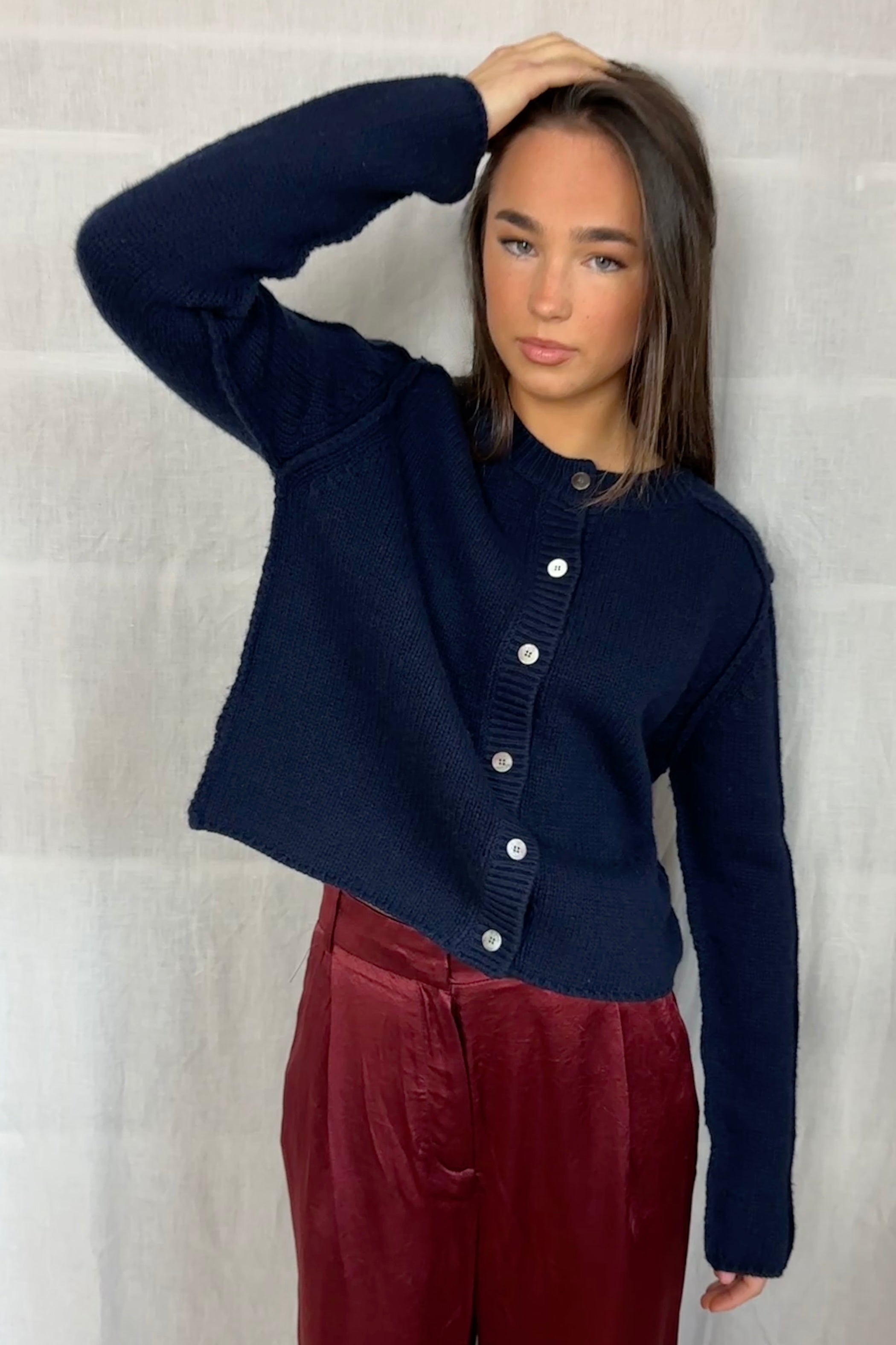 model in janita navy chunky wool mix cardigan 3
