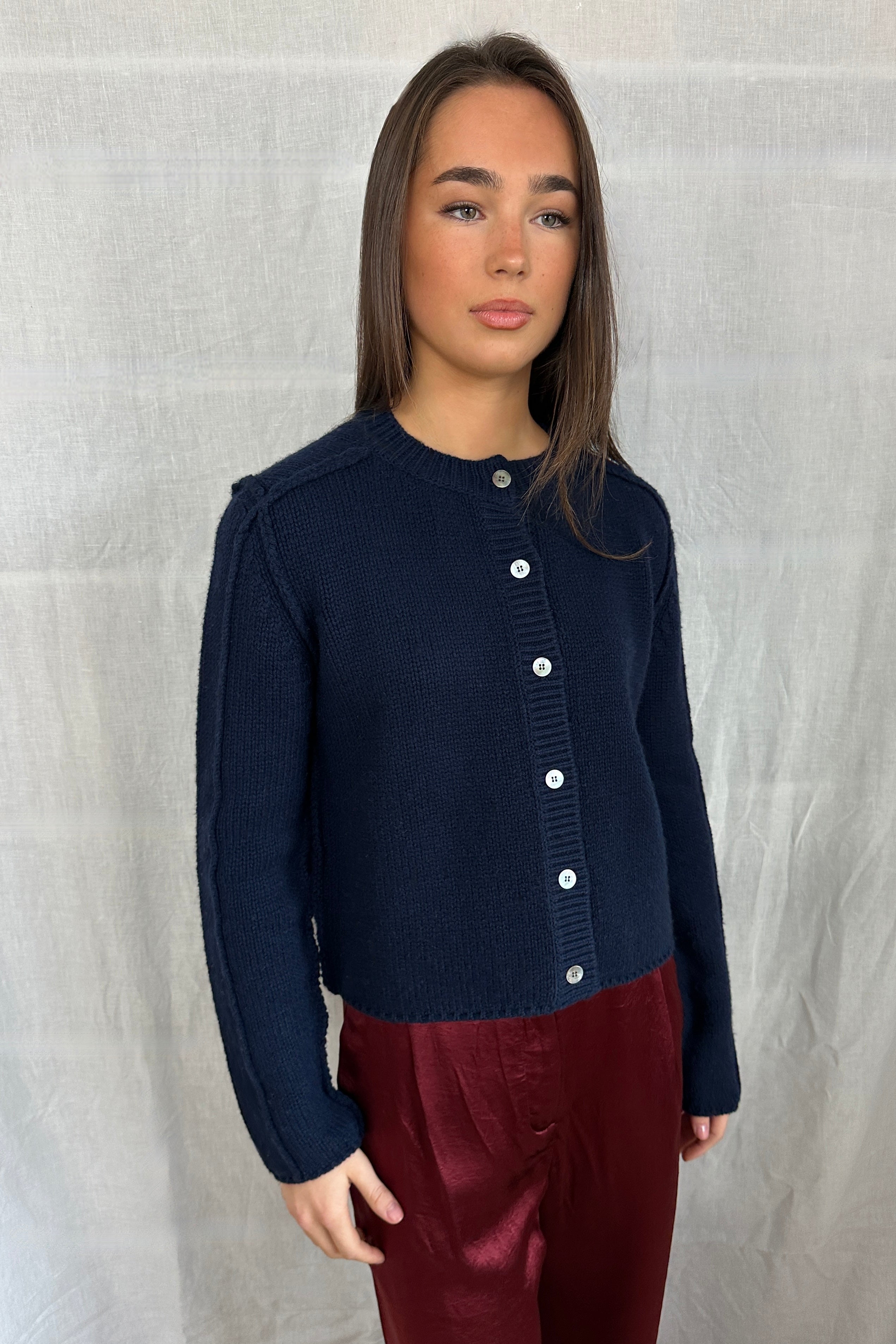 model in janita navy chunky wool mix cardigan