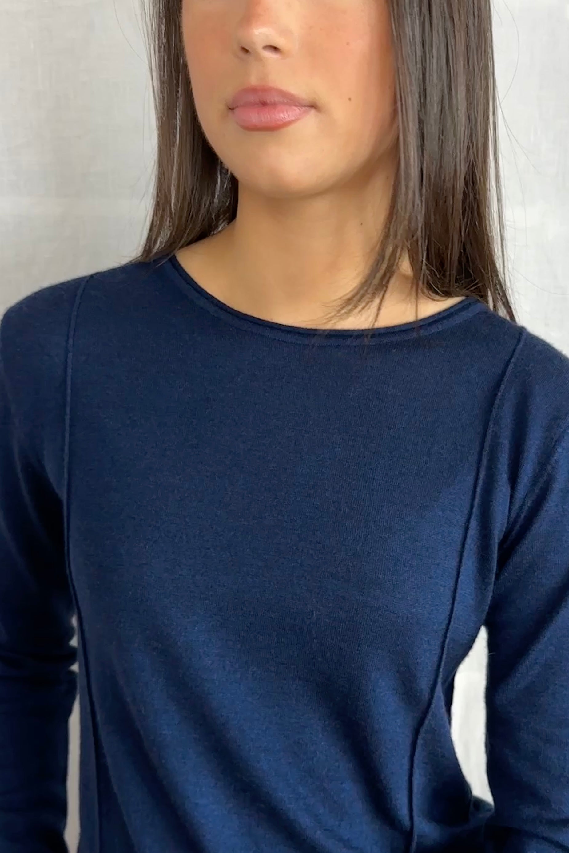Stina navy round neck cashmere silk top close up