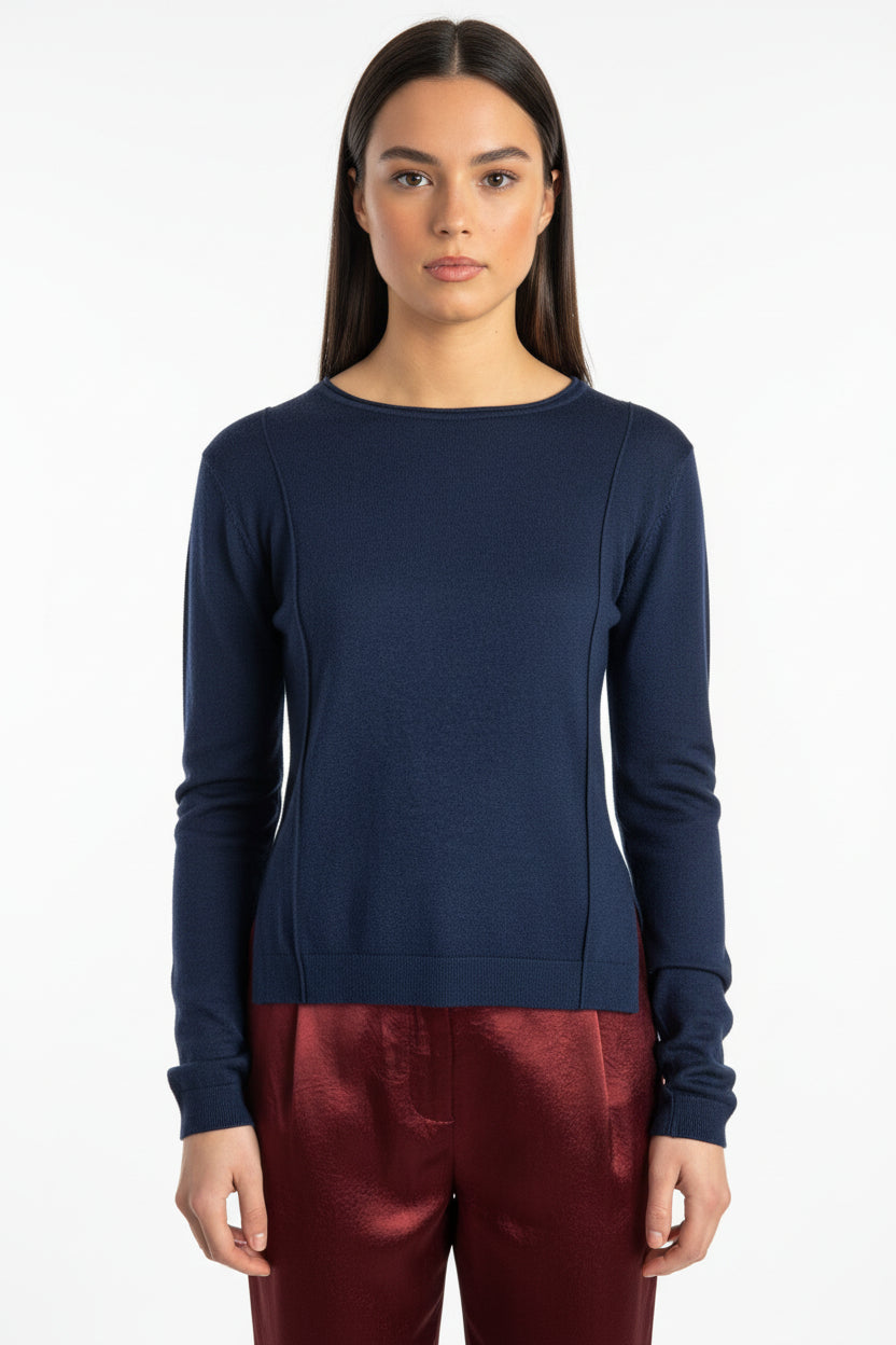 Stina navy round neck cashmere silk top