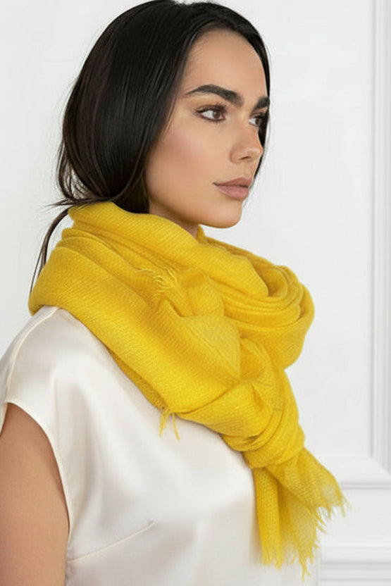 model wearing a bright yellow cashmere scarf against a plain background