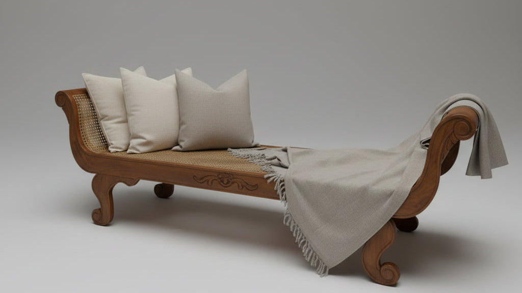 Wooden bench with cushions and a blanket against a wall