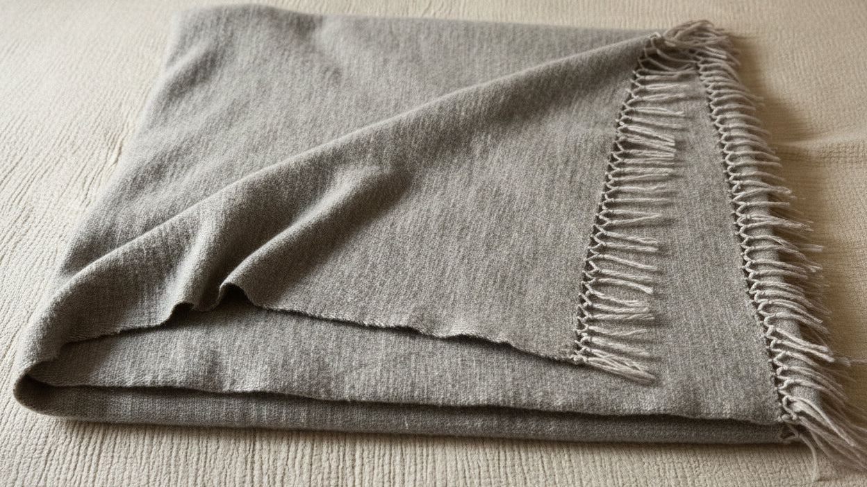 Close-up of gray beige cashmere fabric with a focus on stitching detail on a beige background