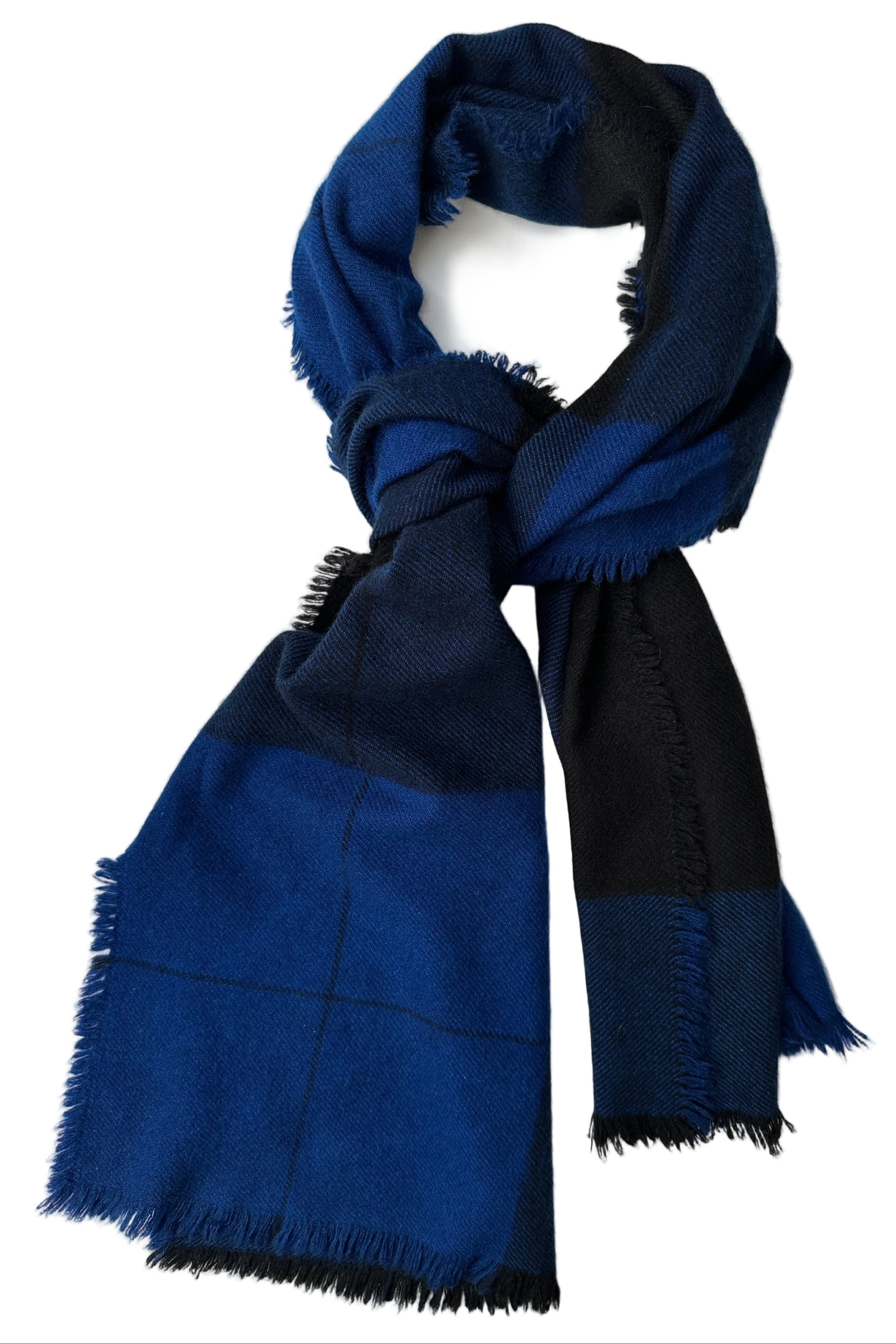 flatlay of blue and black square check scarf in cashmere