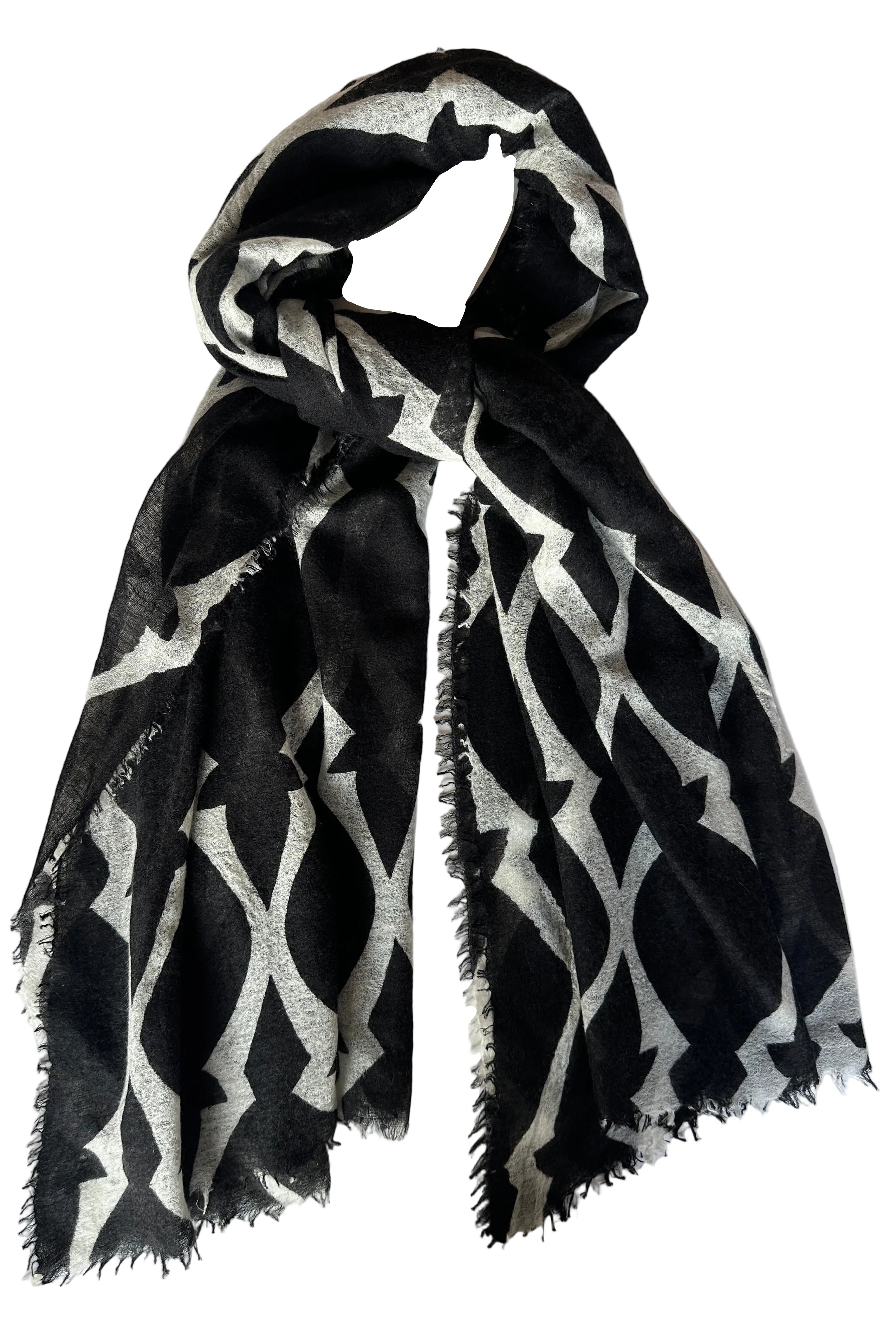 Black and white patterned scarf on a white surface