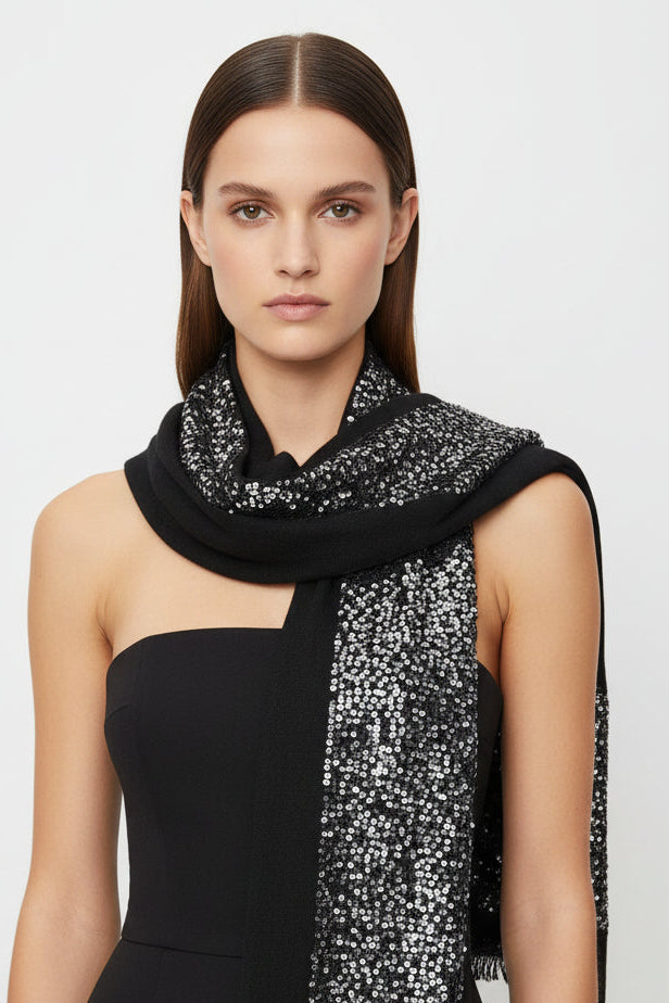 Woman wearing a black and silver patterned scarf on a light gray background