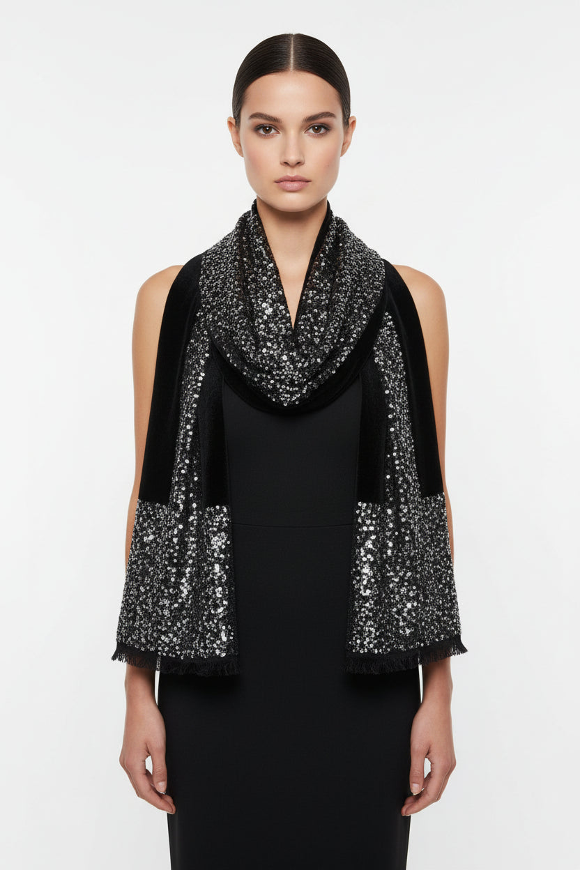 Woman wearing a black scarf with silver sequin details on a white background