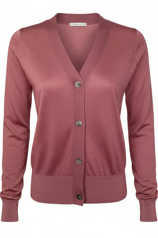 Khalo pink cardigan on against a white background