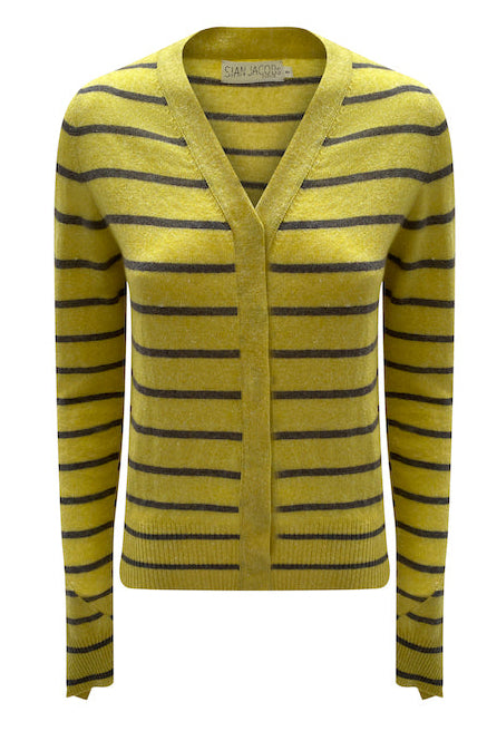 Yellow and black striped cardigan on a white background