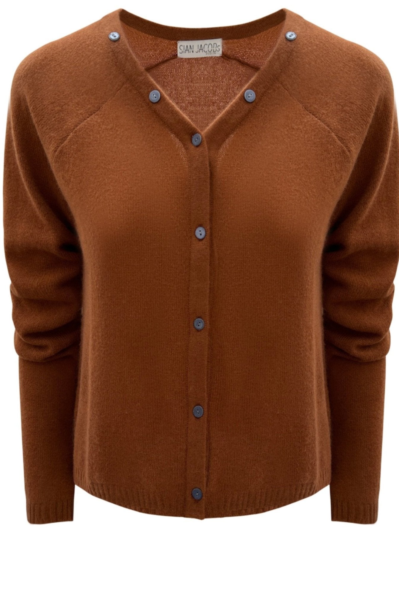 zelia tobacco brown v neck cashmere cardigan in brown on ghost mannequin flat lay