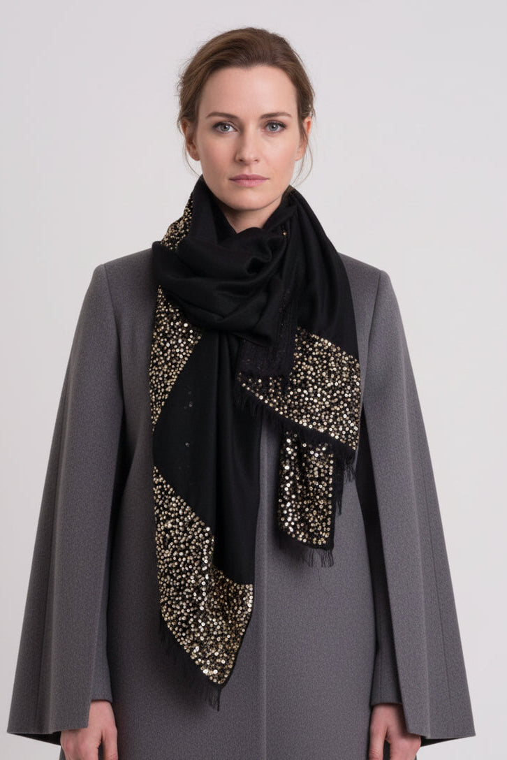sparkle scarf black gold sequins on model