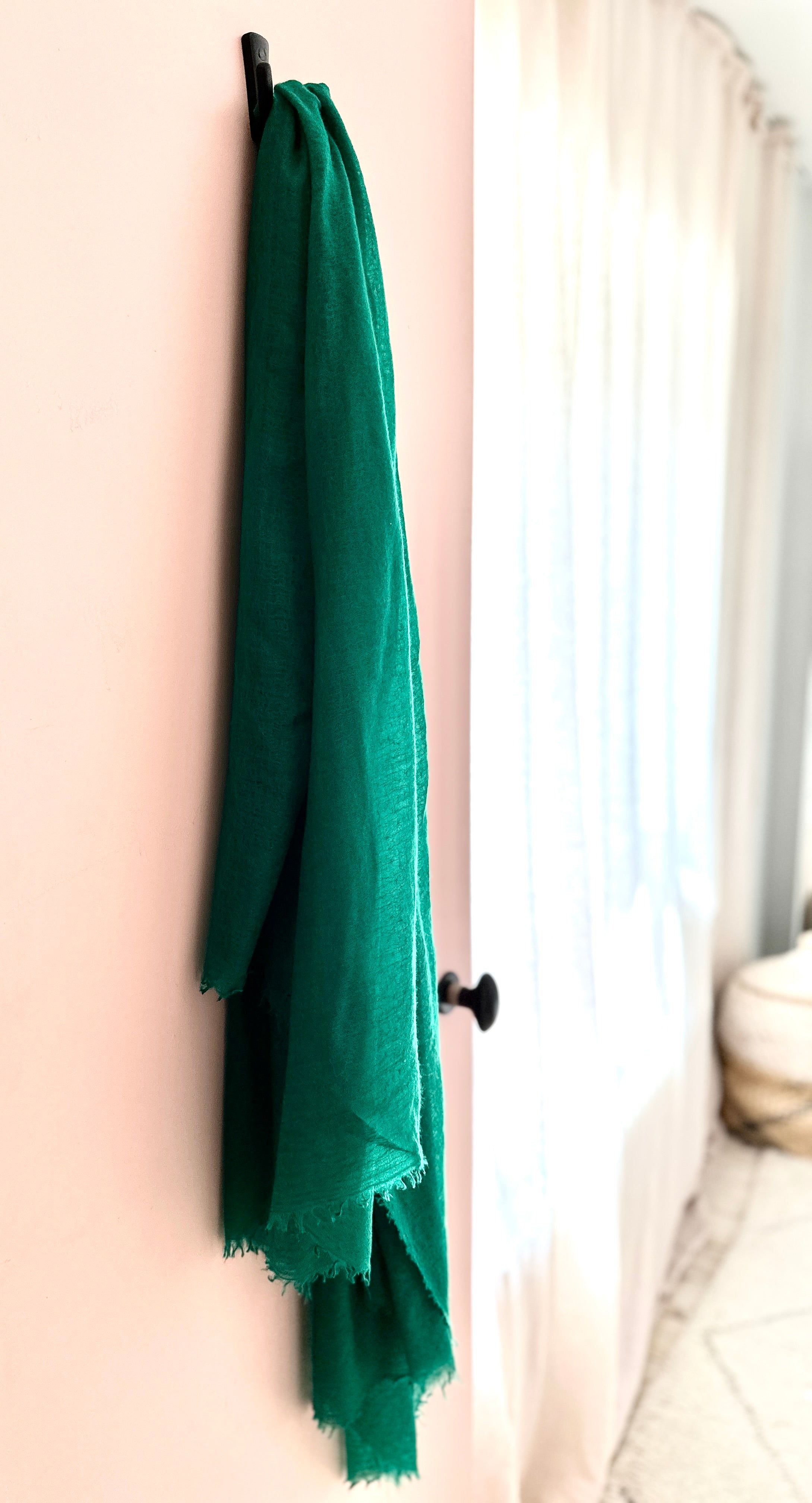 marmee kelly green cashmere scarf on door hook