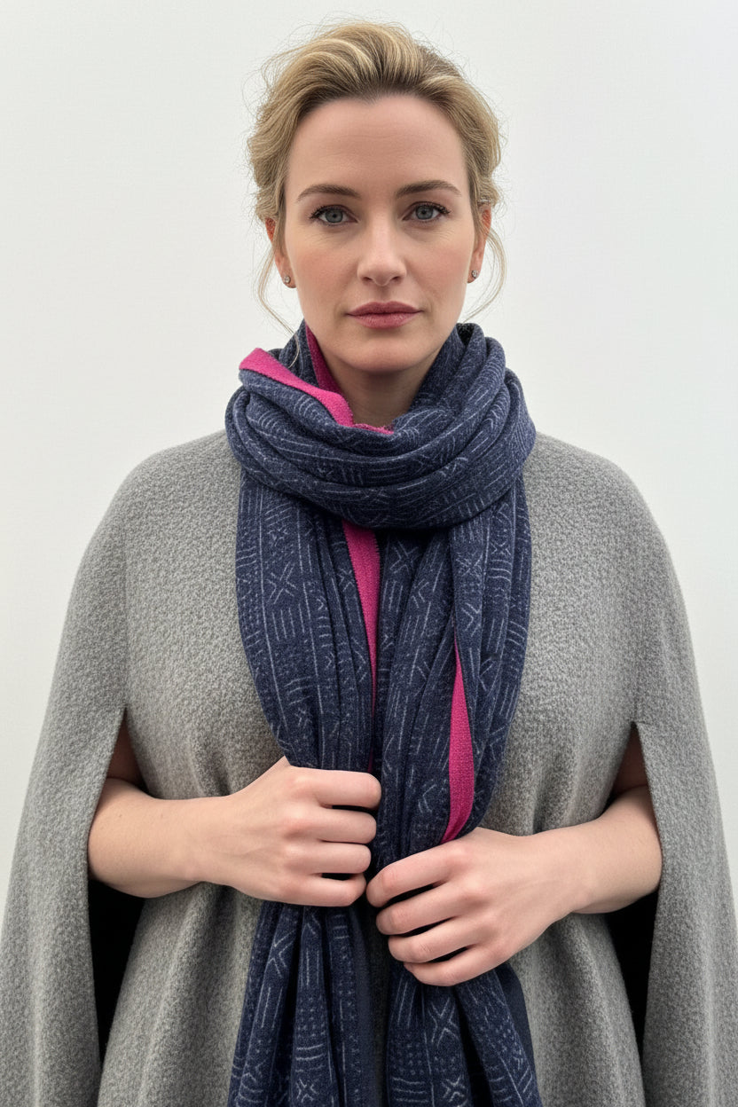 Mud print navy scarf with border 