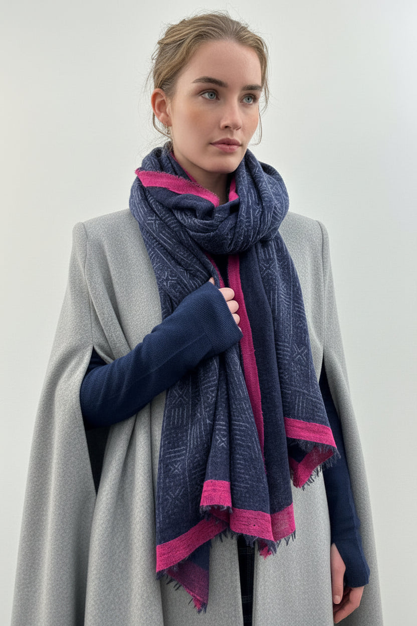 Mud print scarf navy pink trim