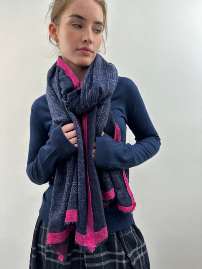 Mud print scarf navy pink trim