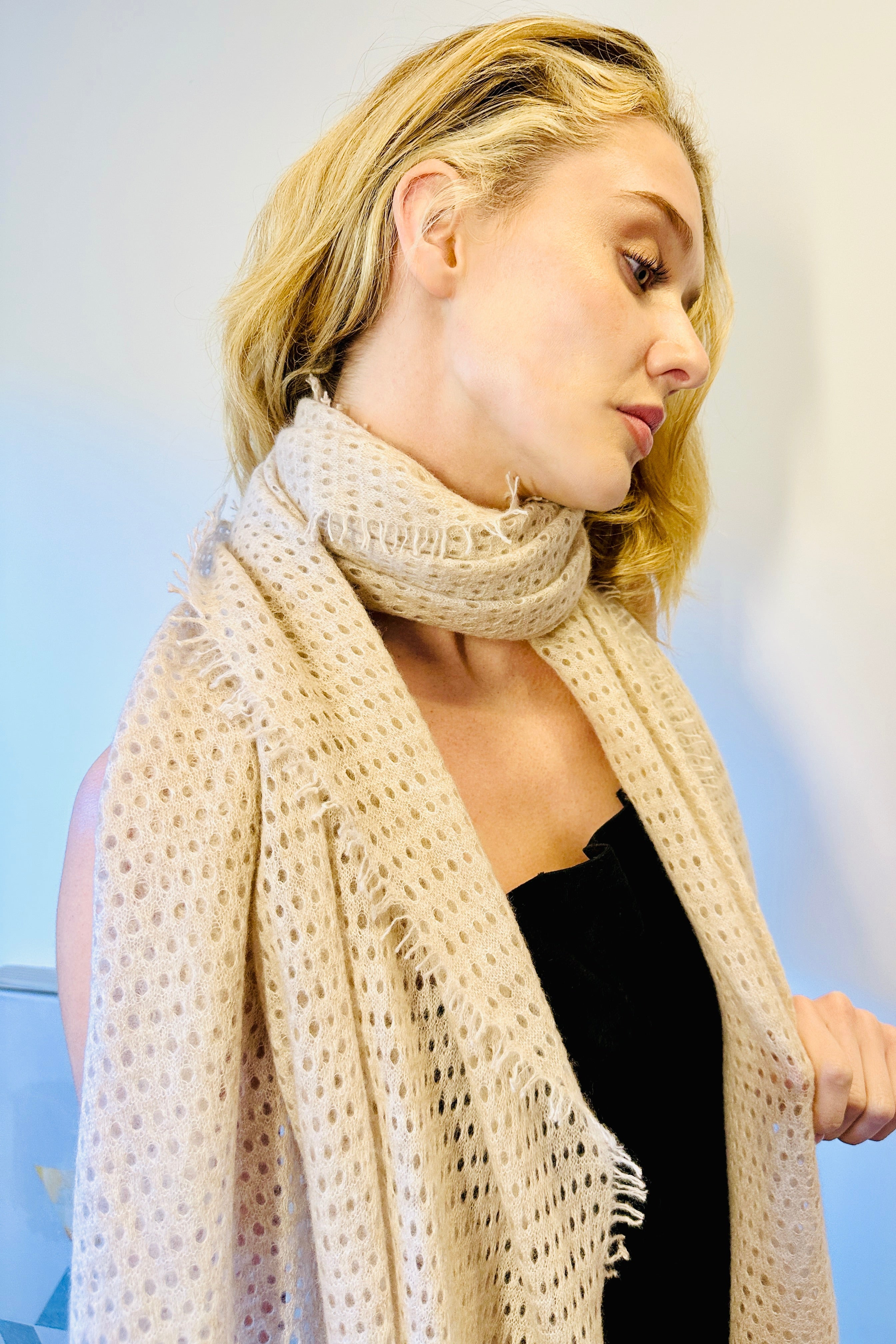 pointelle cashmere scarf open knit side view