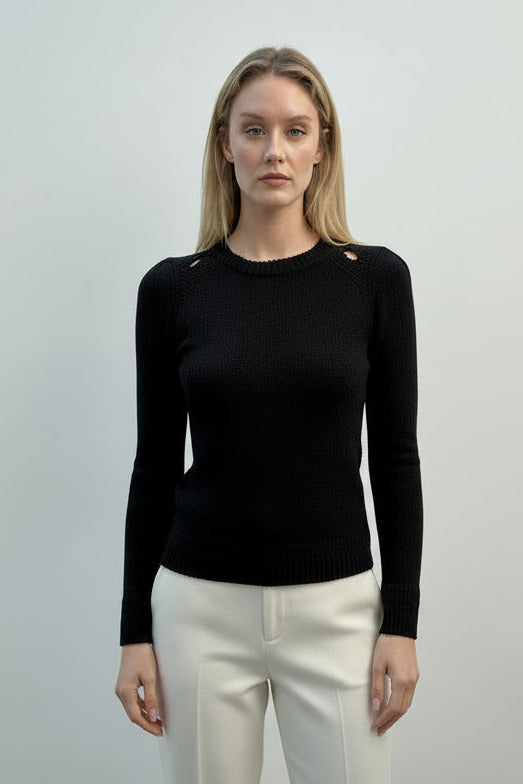 Rainey black cotton slub knit round neck top