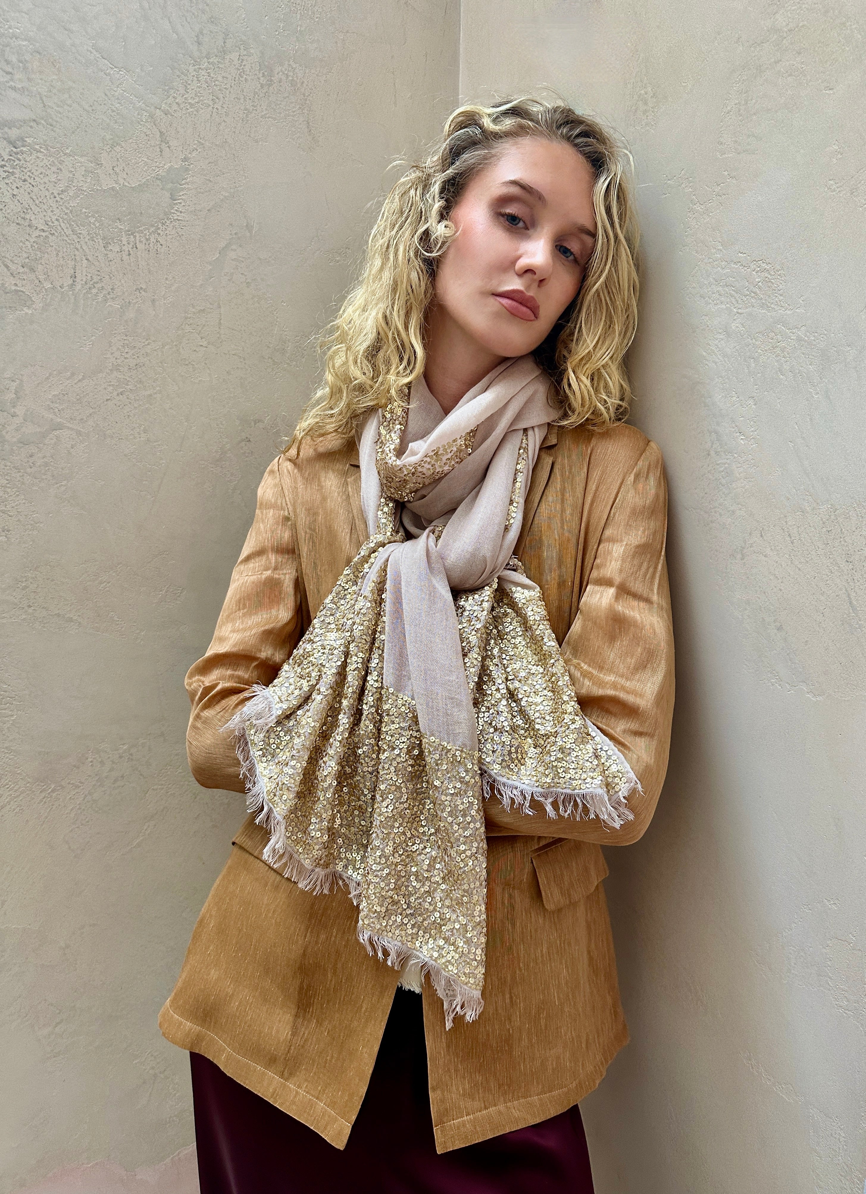  sparkle bare champagne beige scarf with gold sequin details.
