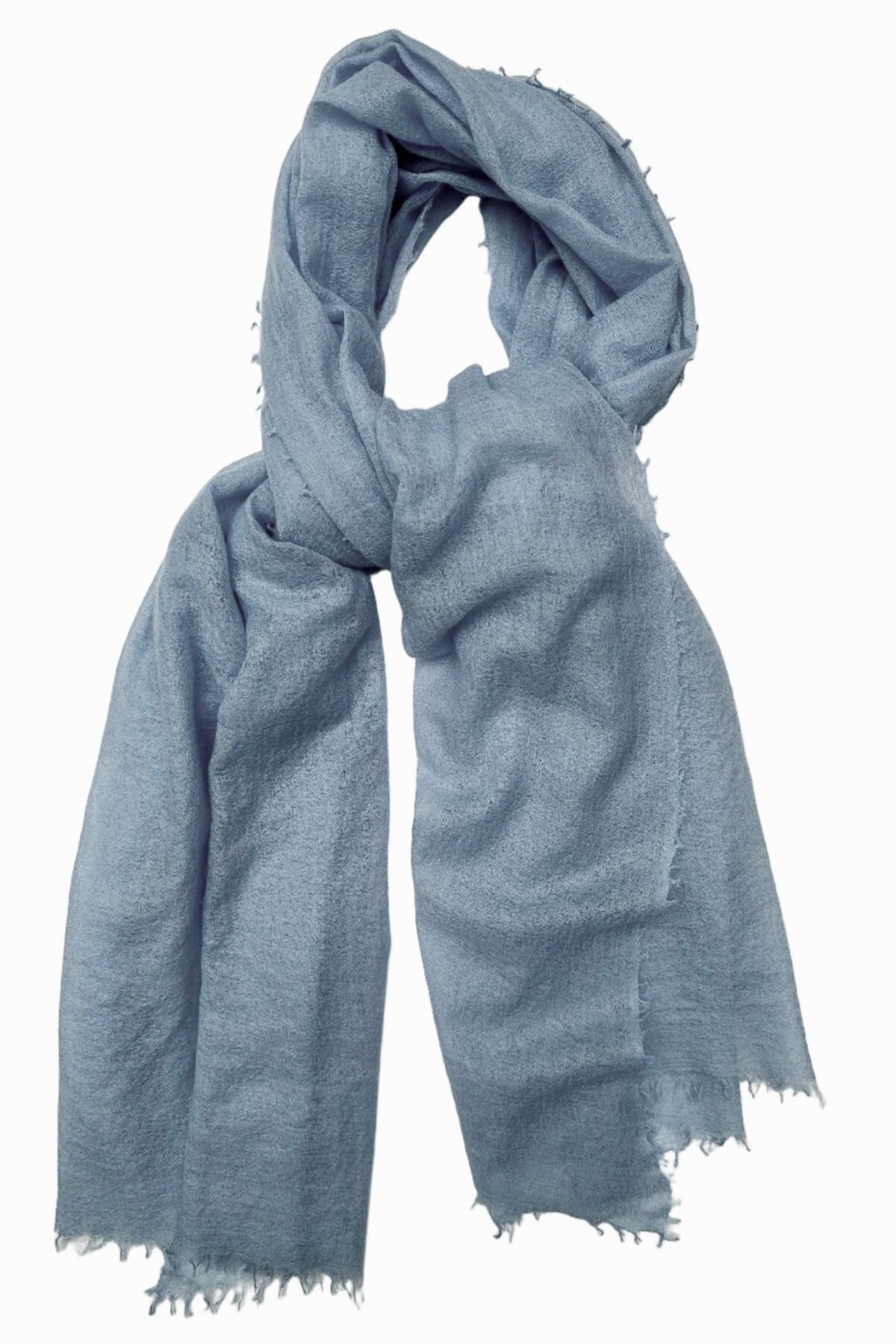 Light airforce cashmere marmee blue scarf with fringe on a white background