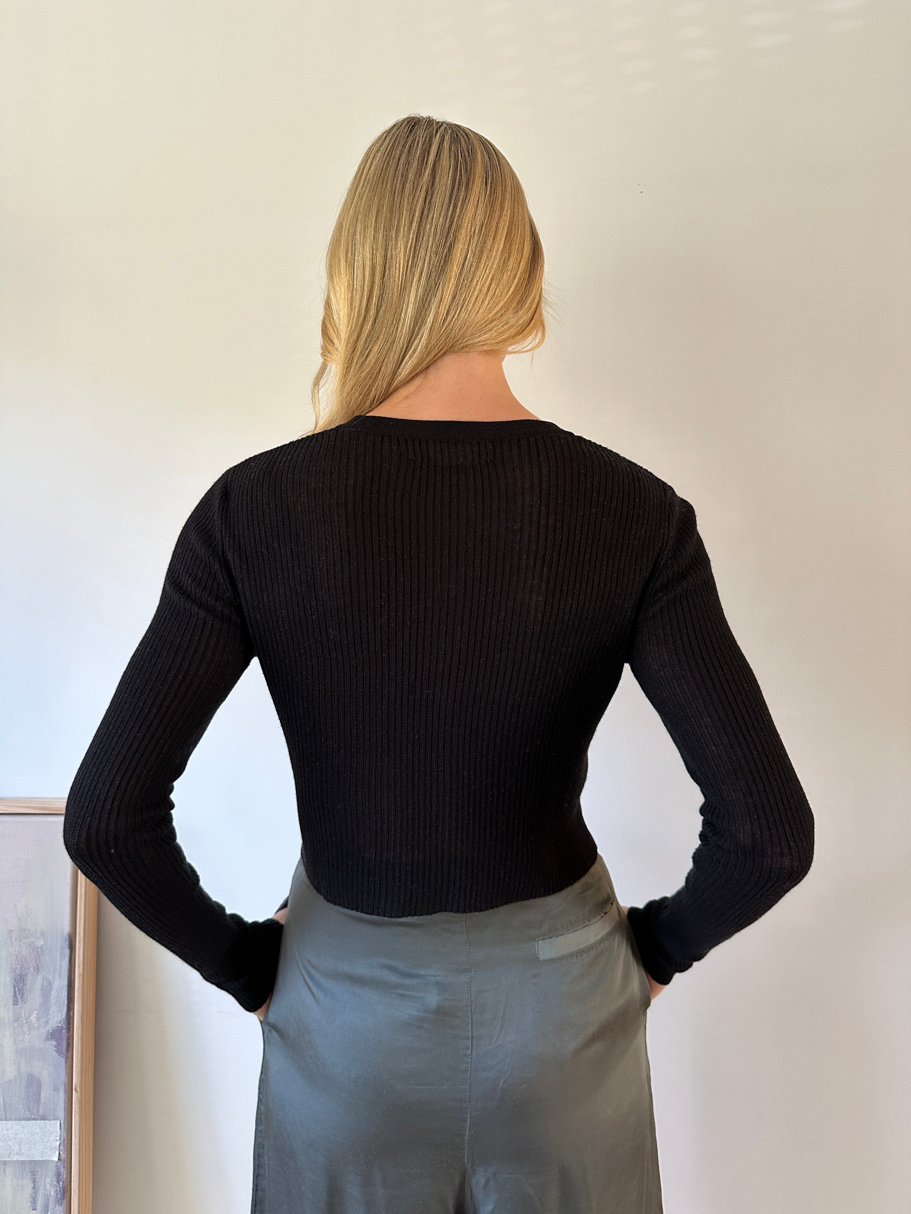 roxy rib cardigan in black back view