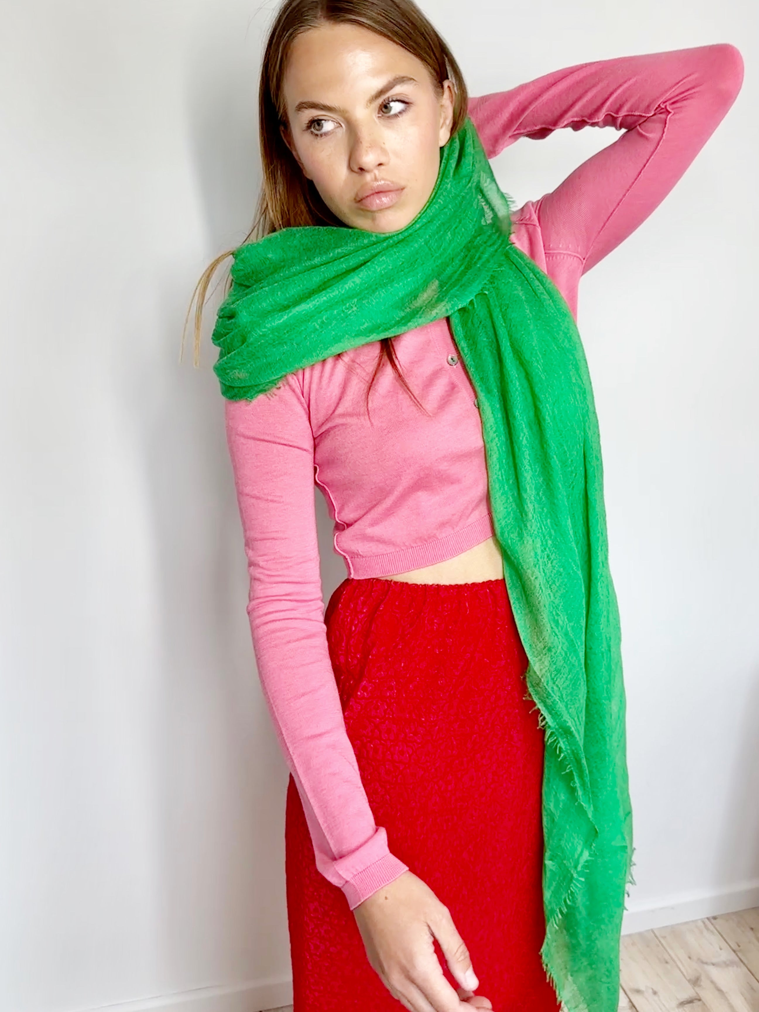 Woman wearing a pink long-sleeve top and red pants with a green scarf against a white background
