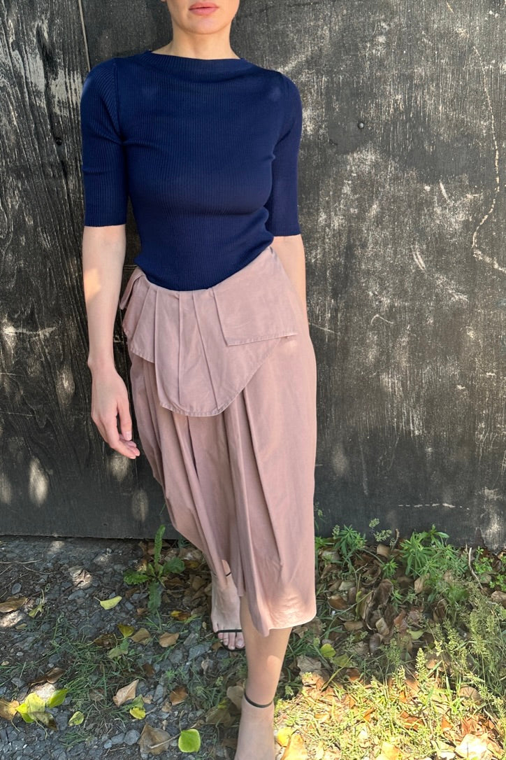 max t navy silk rib knit top