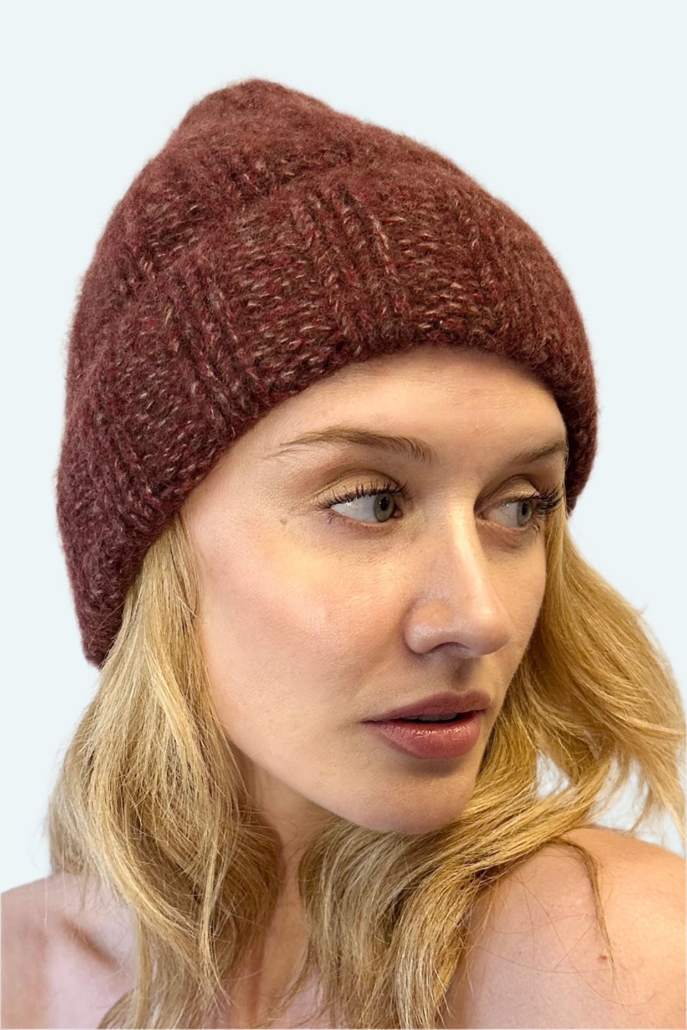 rib hat in burgundy claret wine merlot mix knit cashmere beanie side view