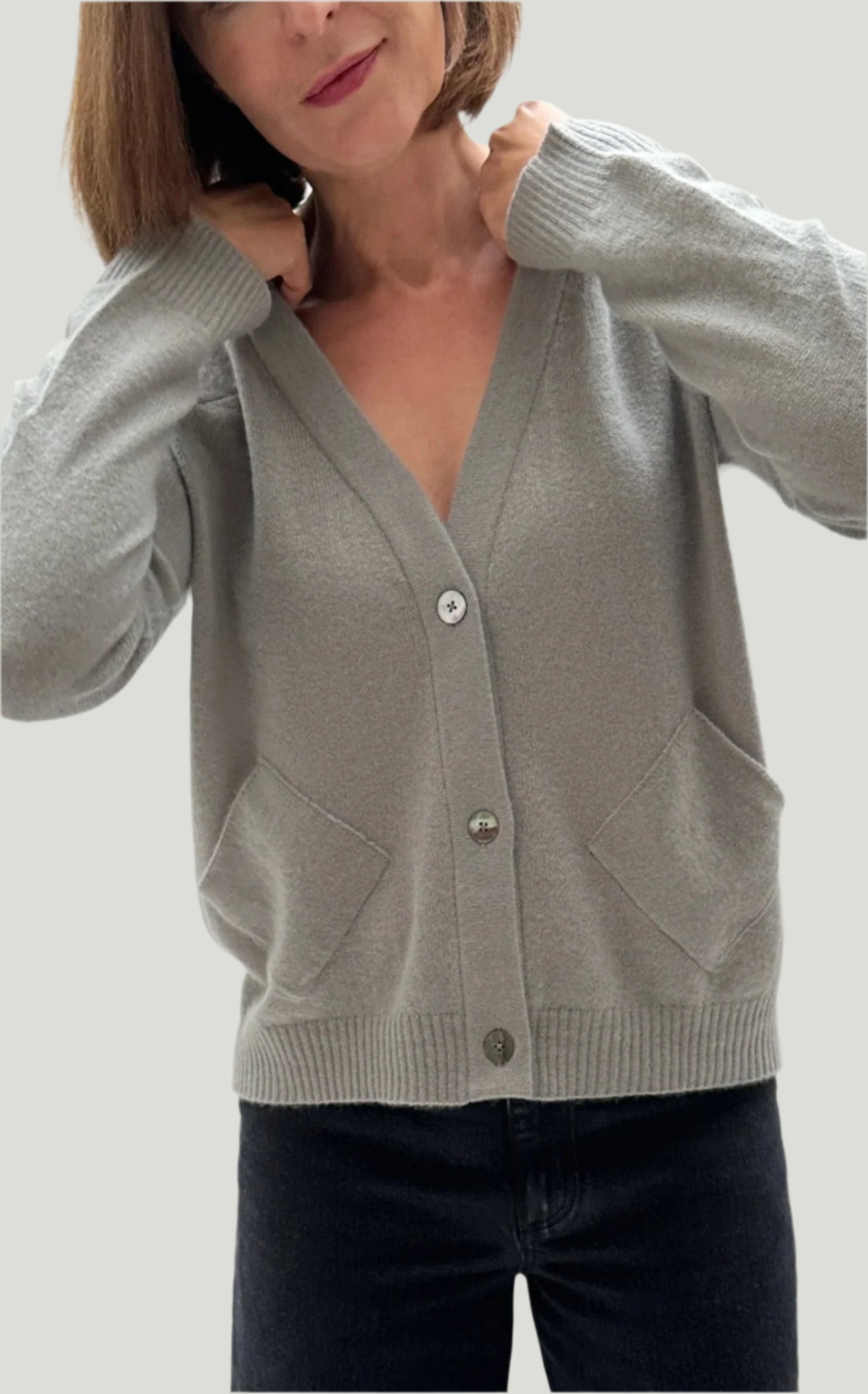 Zoloft cardigan in sage grey green cashmere with diagonal pockets