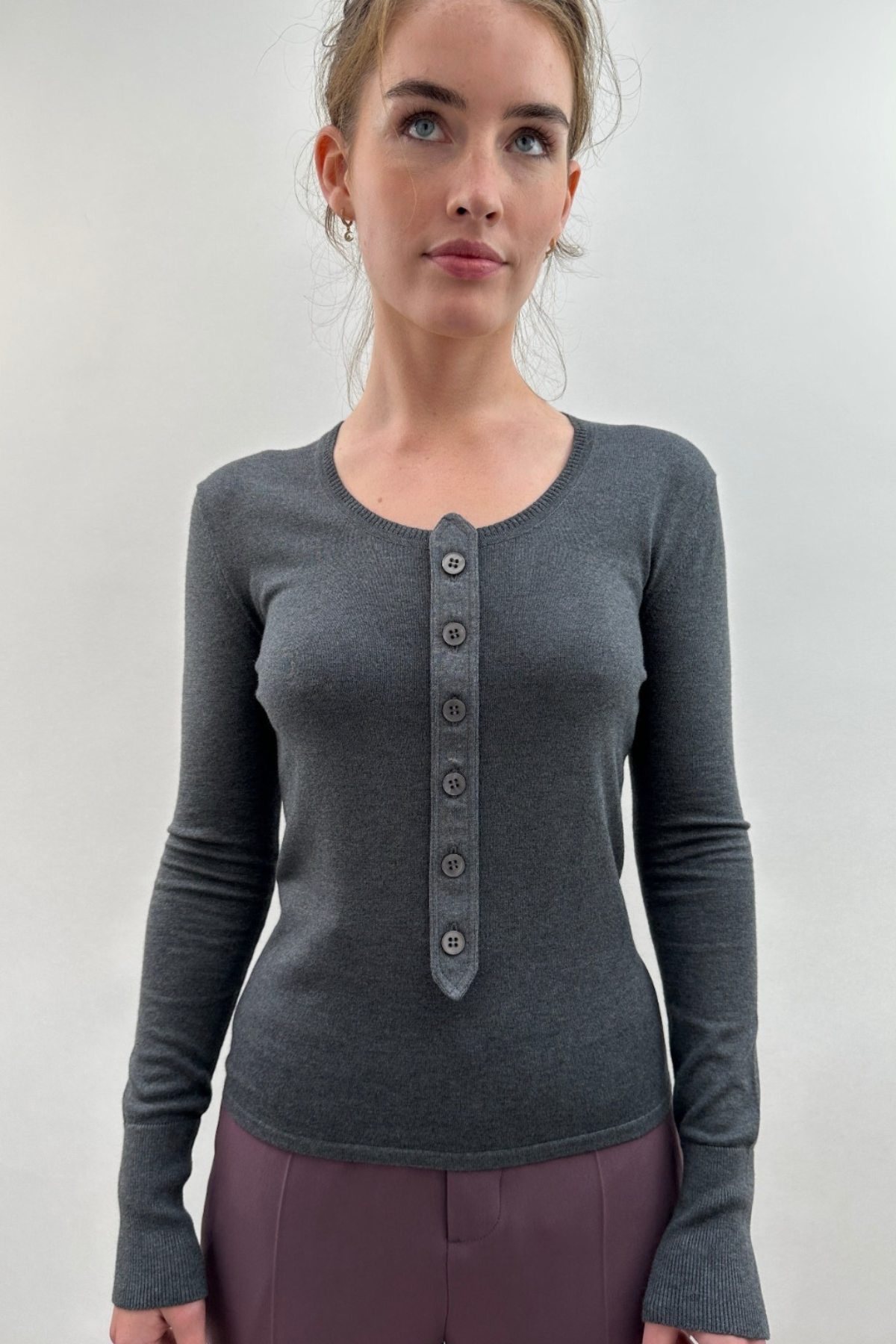 bay knit top with front placket and buttons