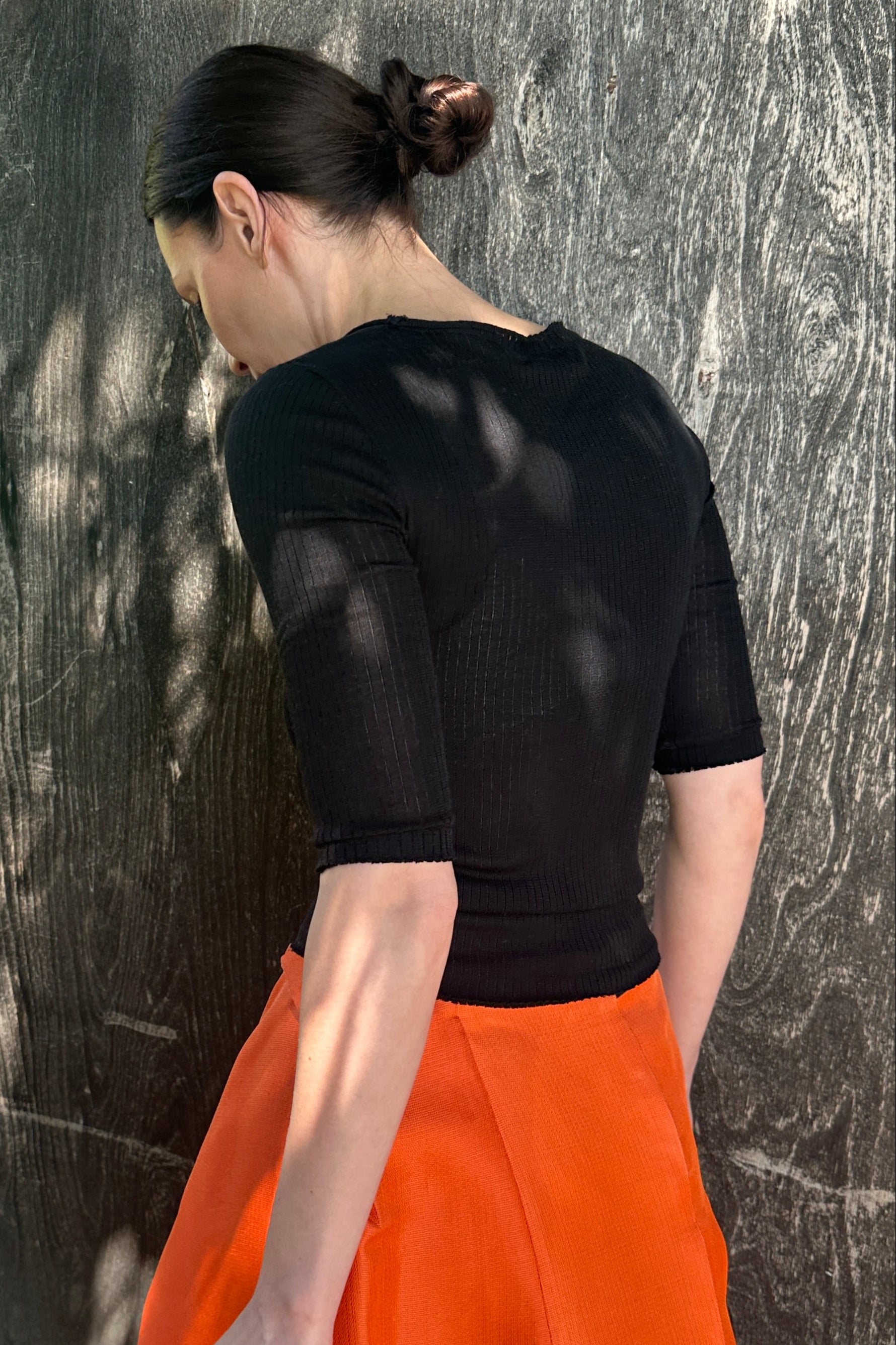 carly black rib knit silk  t shirt back view