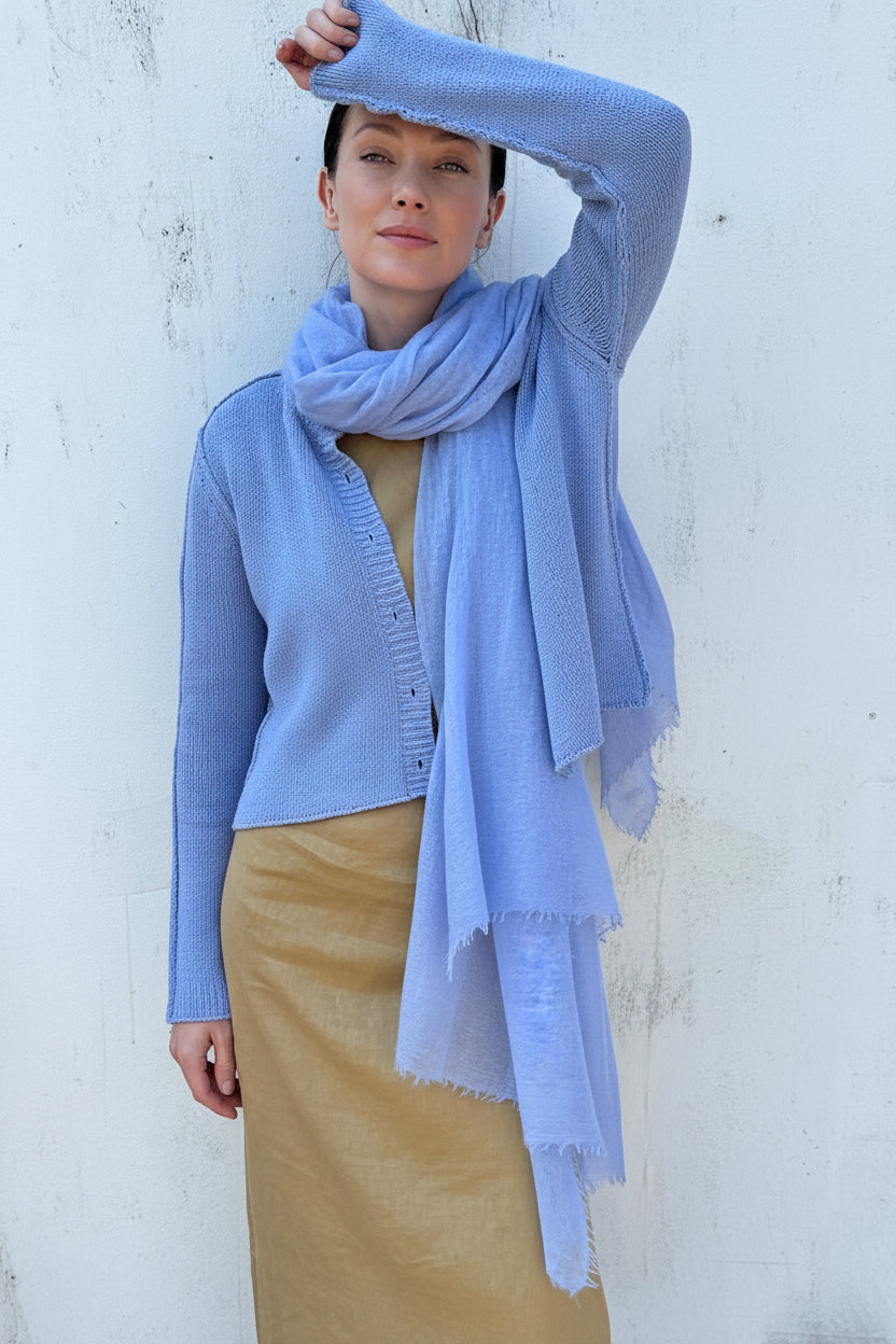 Marmee scarf cashemere pale blue avio on model with cardigan