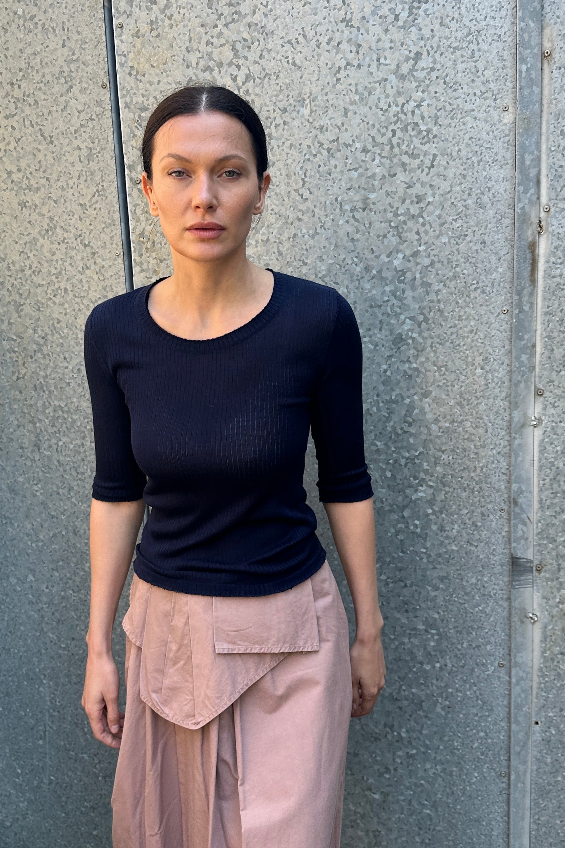carly navy rib knit silk  t shirt