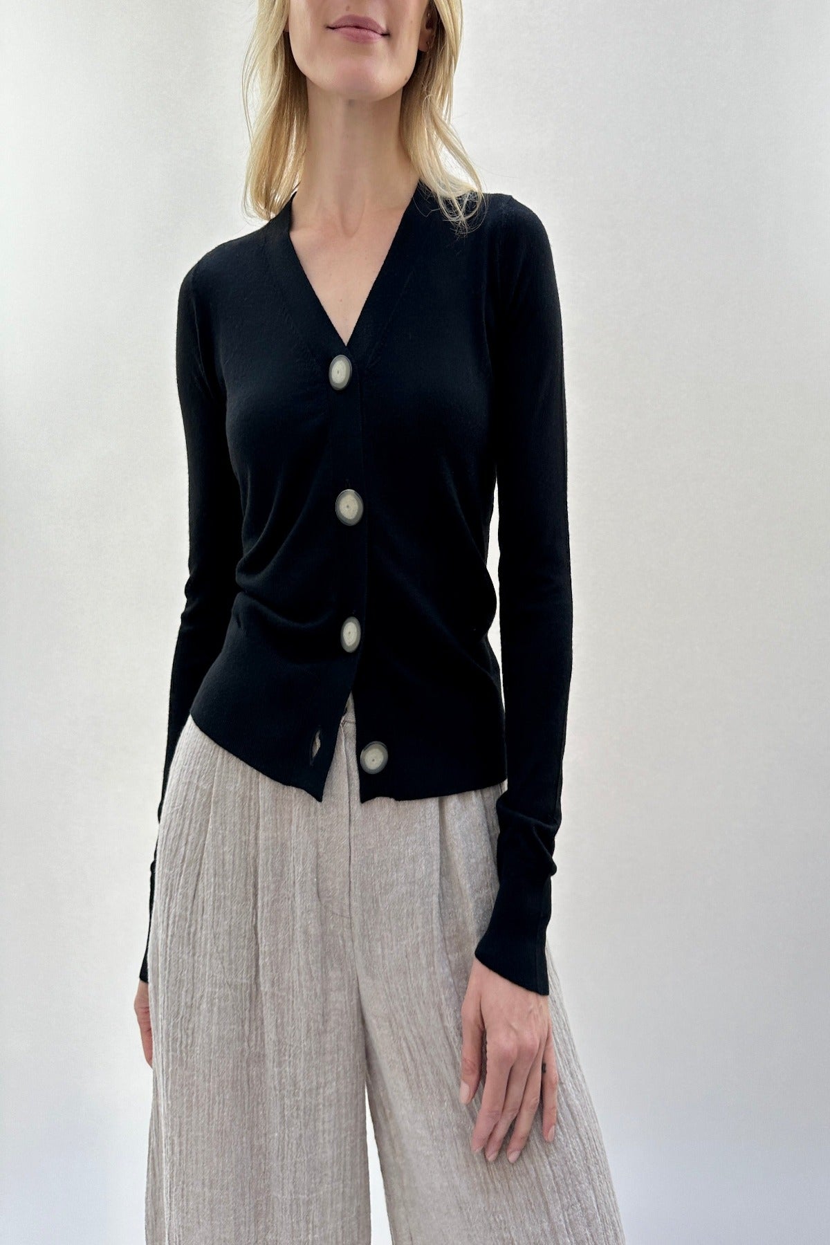 maeser v neck black cardigan close up