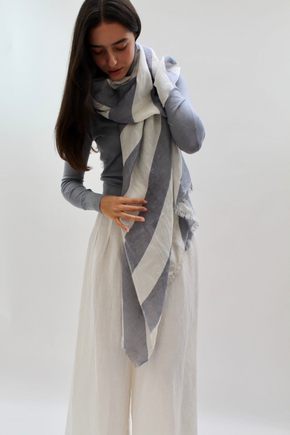 candy stripe summer linen scarf steel grey off white